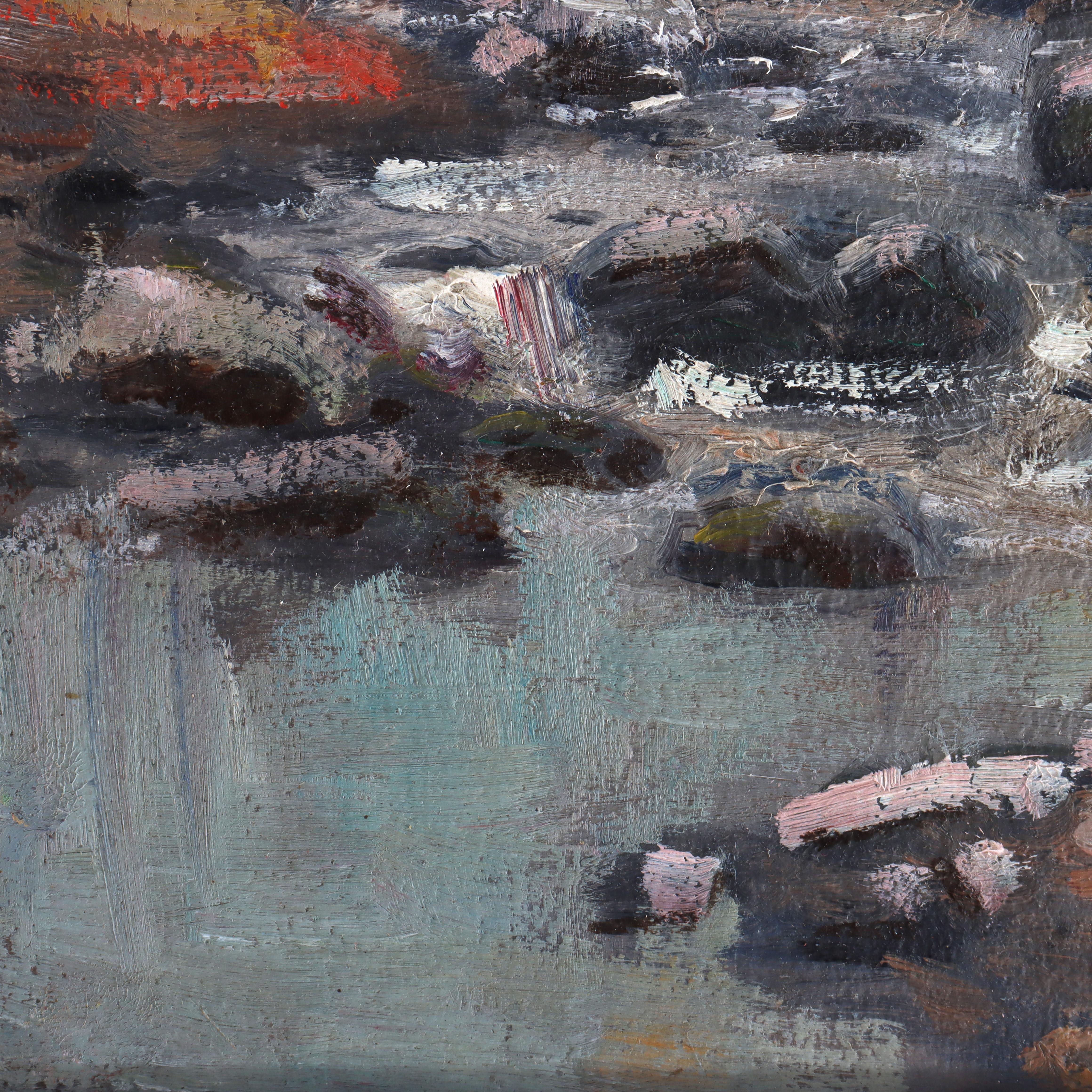 Antiguo paisaje pintado al óleo sobre tabla de la escuela New Hope por W. E. Baum c1930 en Bueno estado para la venta en Big Flats, NY