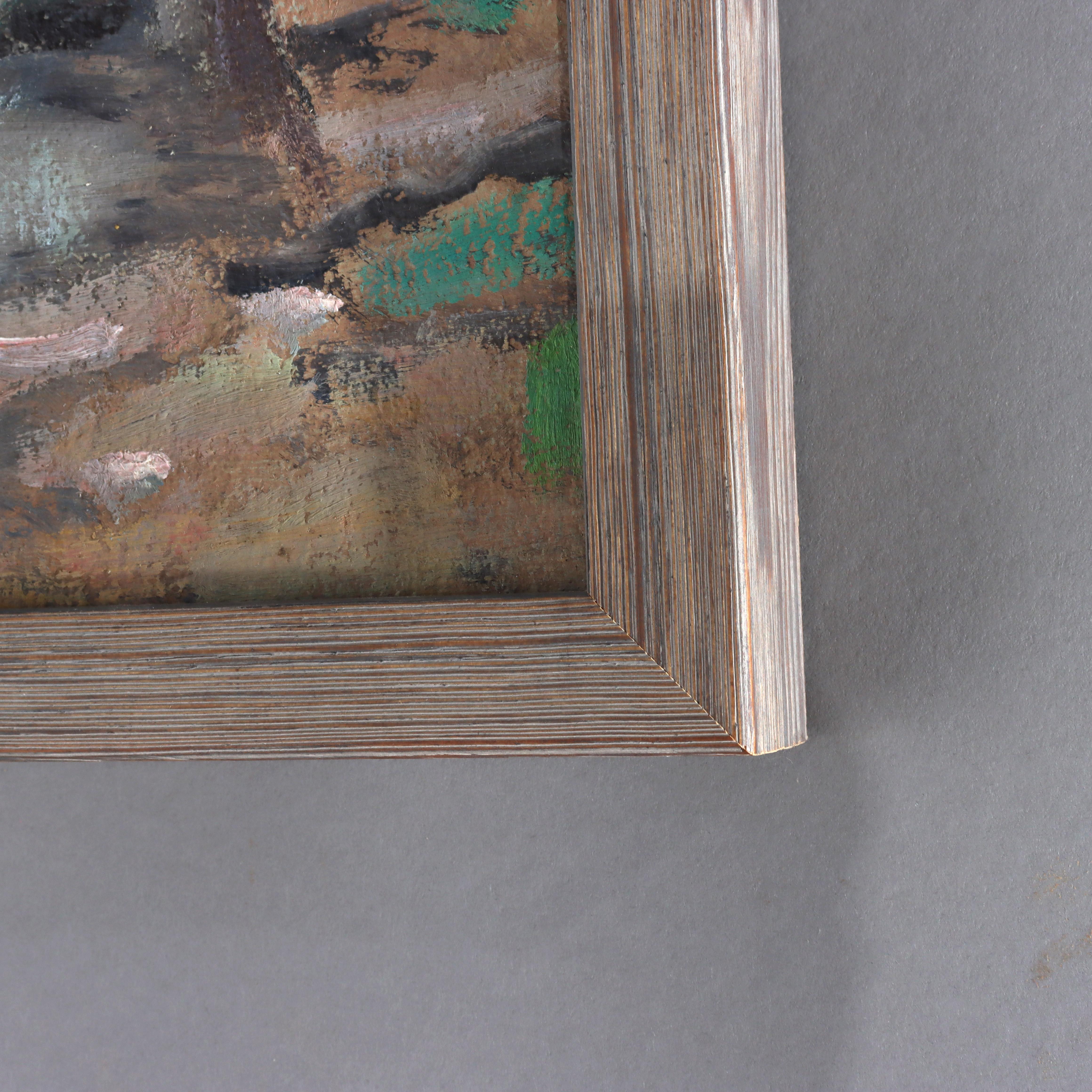 Antiguo paisaje pintado al óleo sobre tabla de la escuela New Hope por W. E. Baum c1930 siglo XX en venta