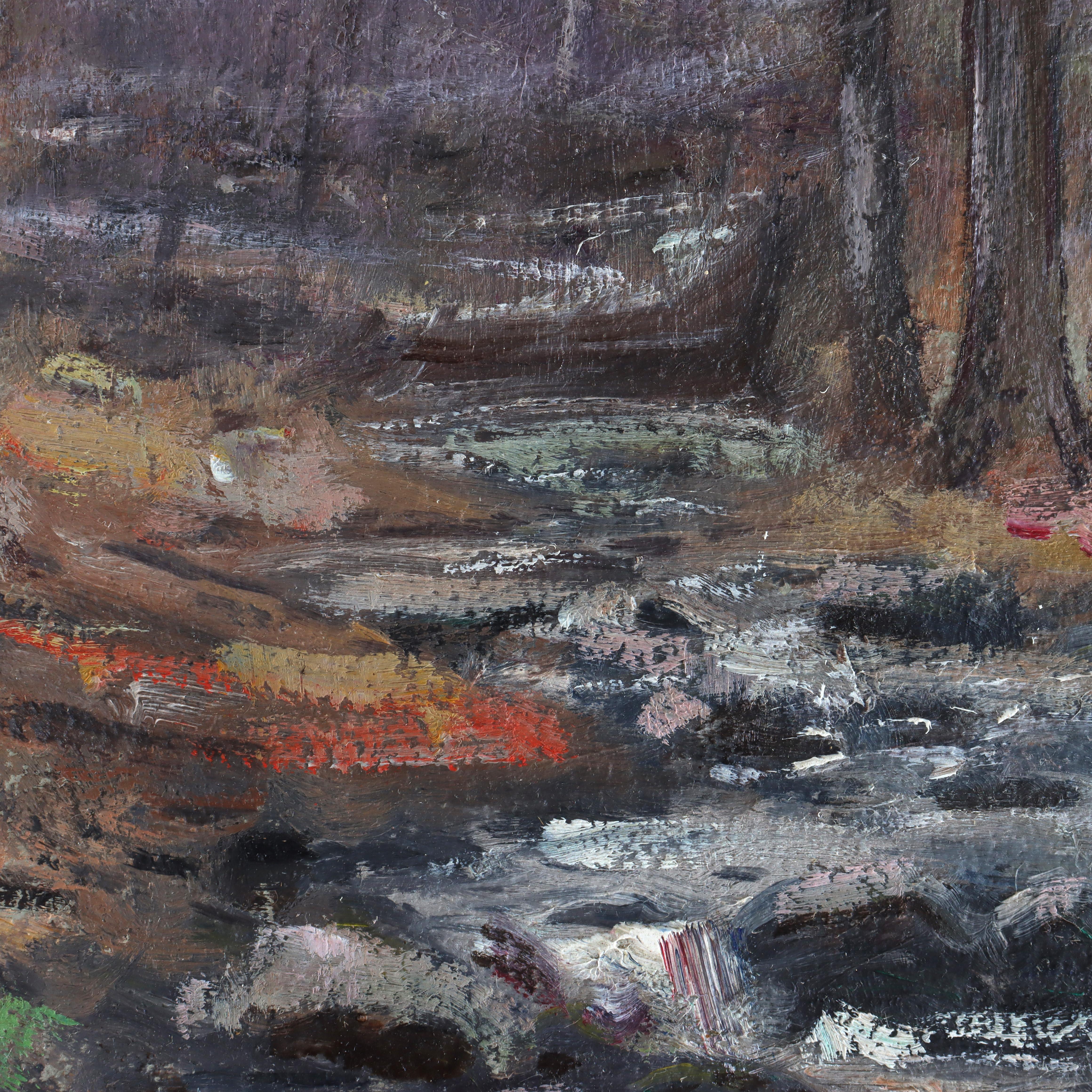 Antiguo paisaje pintado al óleo sobre tabla de la escuela New Hope por W. E. Baum c1930 Madera en venta