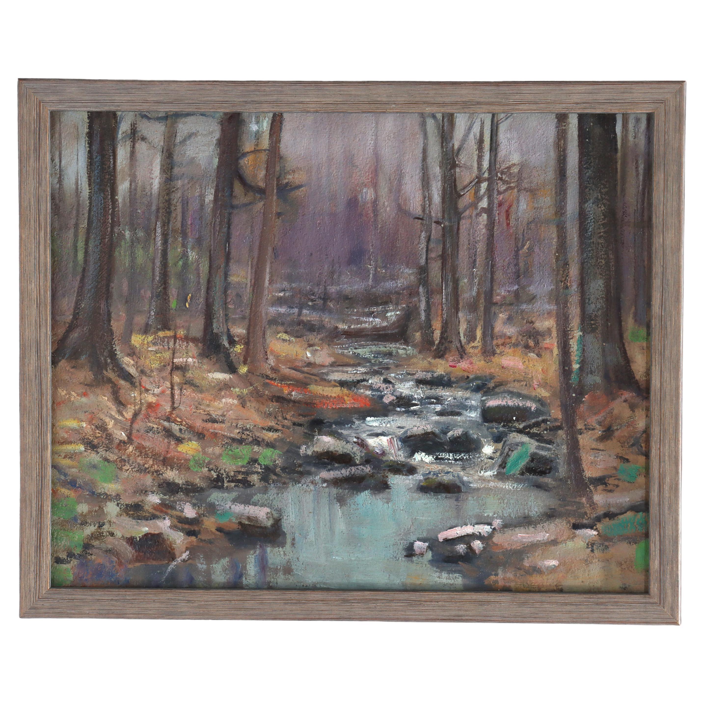 Antike New Hope Schule Öl auf Karton Landschaft Gemälde attr W. E. Baum c1930