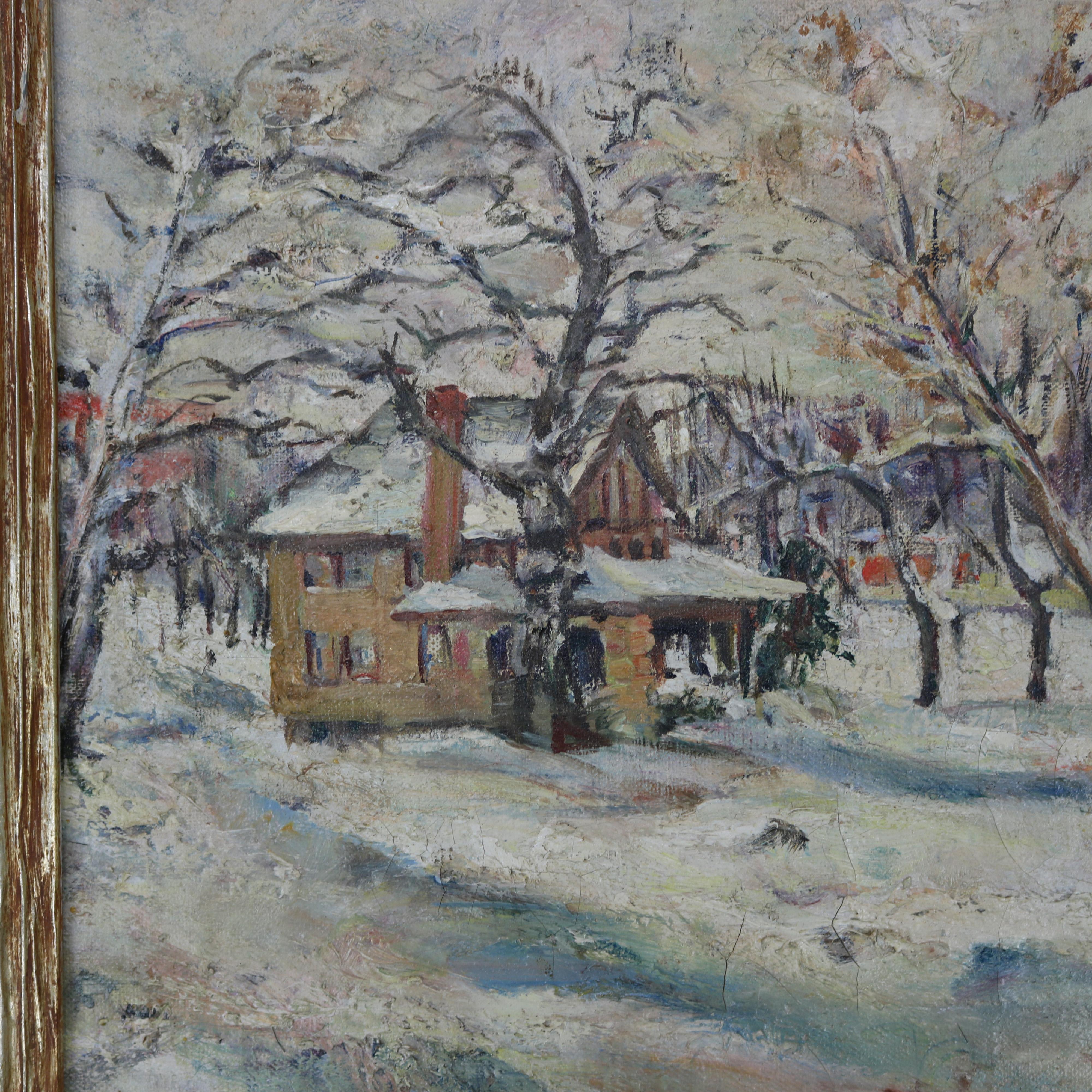 An antique impressionist painting in the manner of New Hope Walter Baum offers oil on canvas depiction of winter landscape scene with structure, lower right artist signed and seated in Arts and Crafts giltwood frame, c1930.

Measures: 14.5
