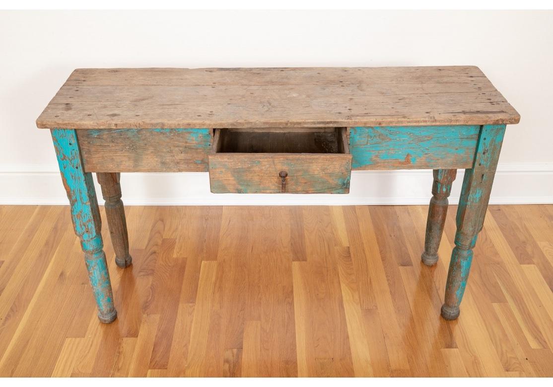 Ancienne table console du Nouveau-Mexique en peinture turquoise d'origine de J. Seitz en vente 4