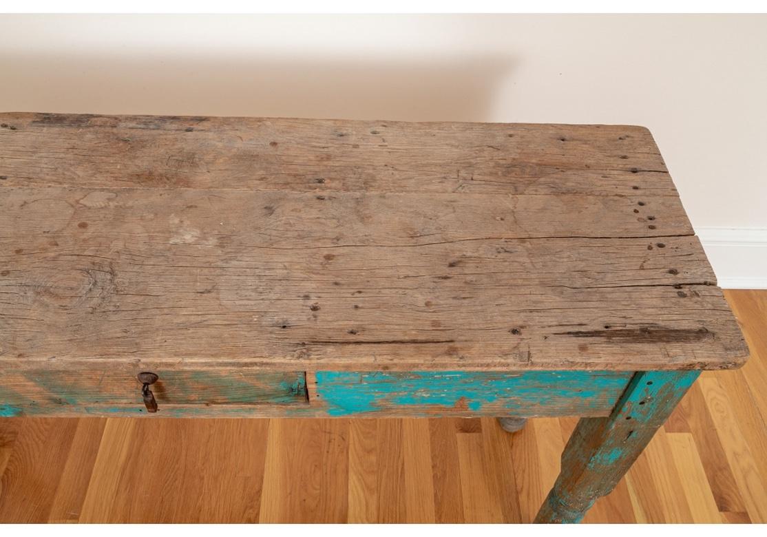 Rustic Antique New Mexican, Console Table in Original Turquoise Paint For Sale