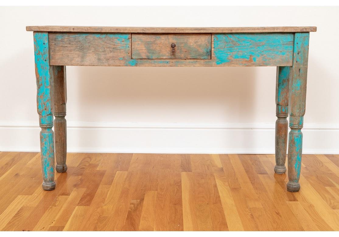 19th Century Antique New Mexican, Console Table in Original Turquoise Paint For Sale