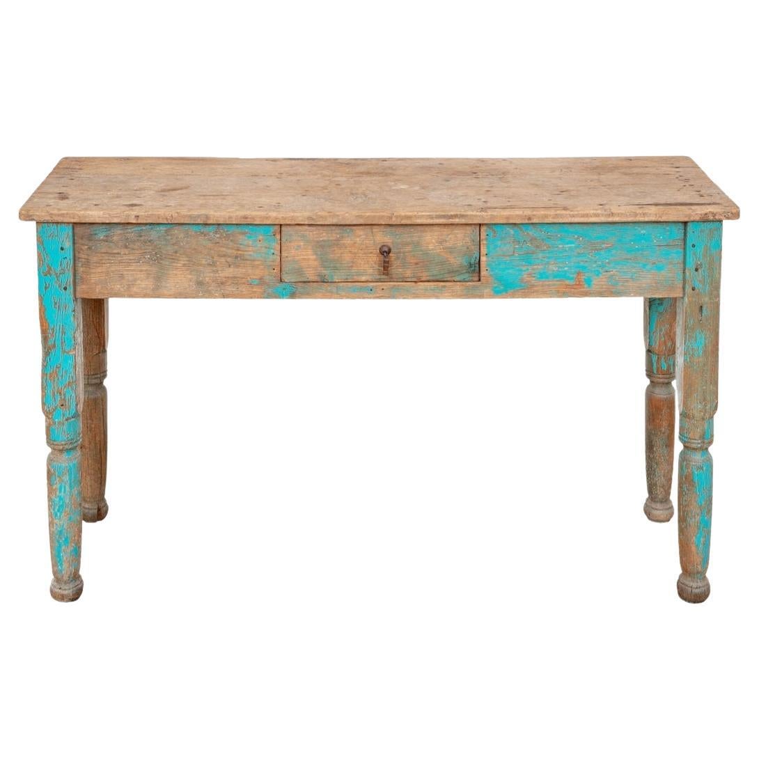 Ancienne table console du Nouveau-Mexique en peinture turquoise originale