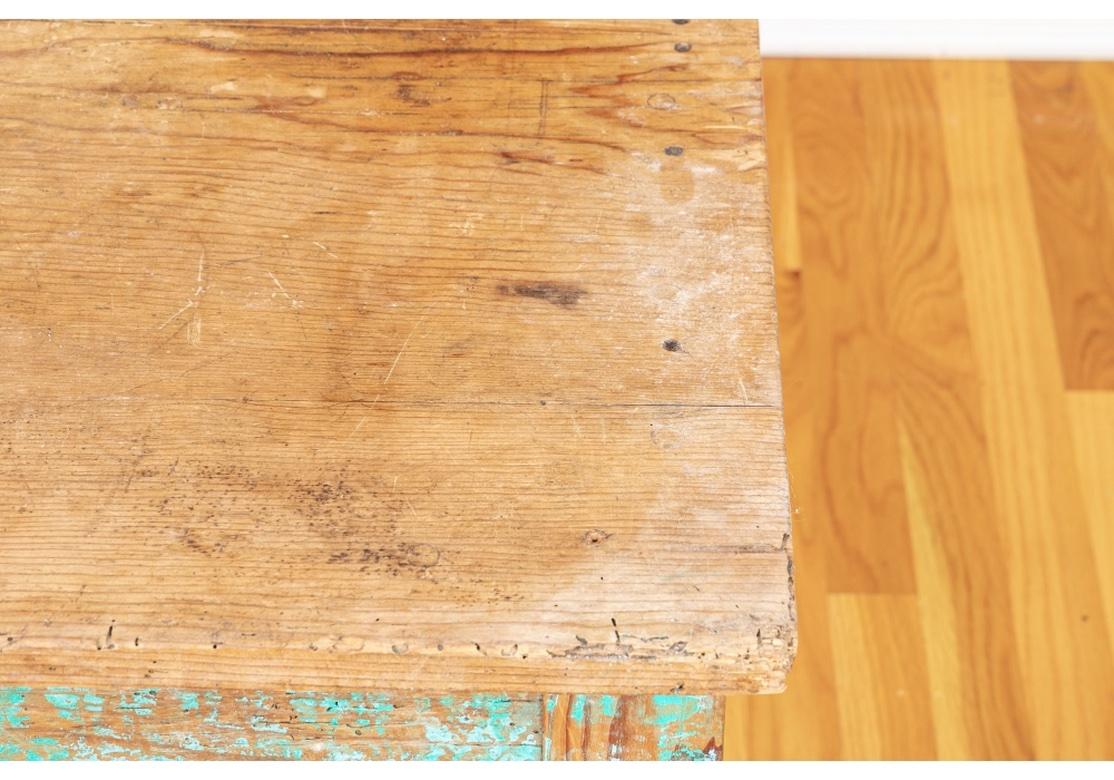 19th Century Antique New Mexican Pine Work Table With Original Turquoise Paint For Sale