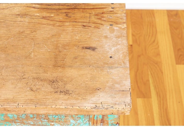 Antique New Mexican Pine Work Table With Original Turquoise Paint For Sale 2