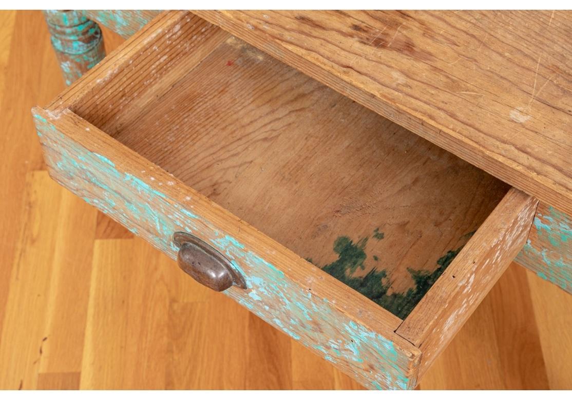 Metal Antique New Mexican Pine Work Table With Original Turquoise Paint For Sale