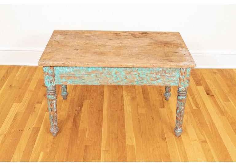 Antique New Mexican Pine Work Table With Original Turquoise Paint For Sale 6