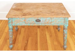Antique New Mexican Pine Work Table With Original Turquoise Paint from J. Seitz