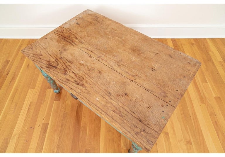 Rustic Antique New Mexican Pine Work Table With Original Turquoise Paint For Sale