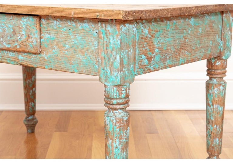 American Antique New Mexican Pine Work Table With Original Turquoise Paint For Sale