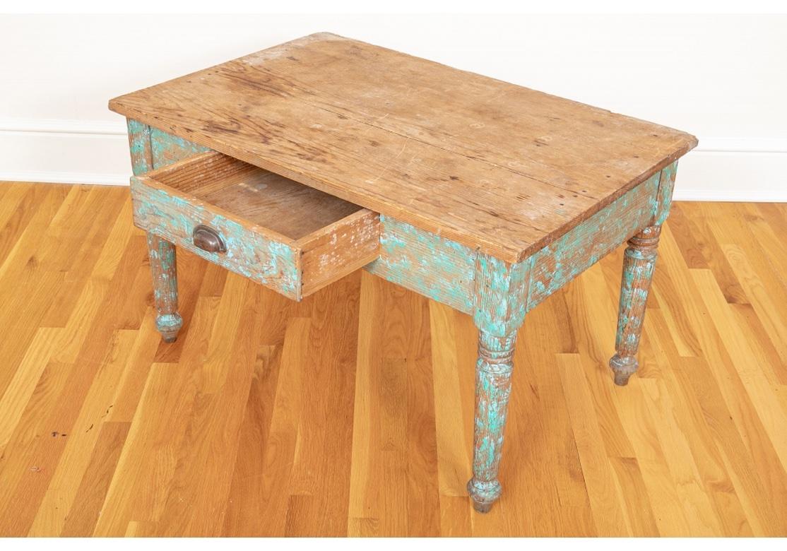 American Antique New Mexican Pine Work Table With Original Turquoise Paint For Sale