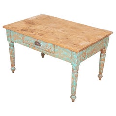 Antique New Mexican Pine Work Table With Original Turquoise Paint