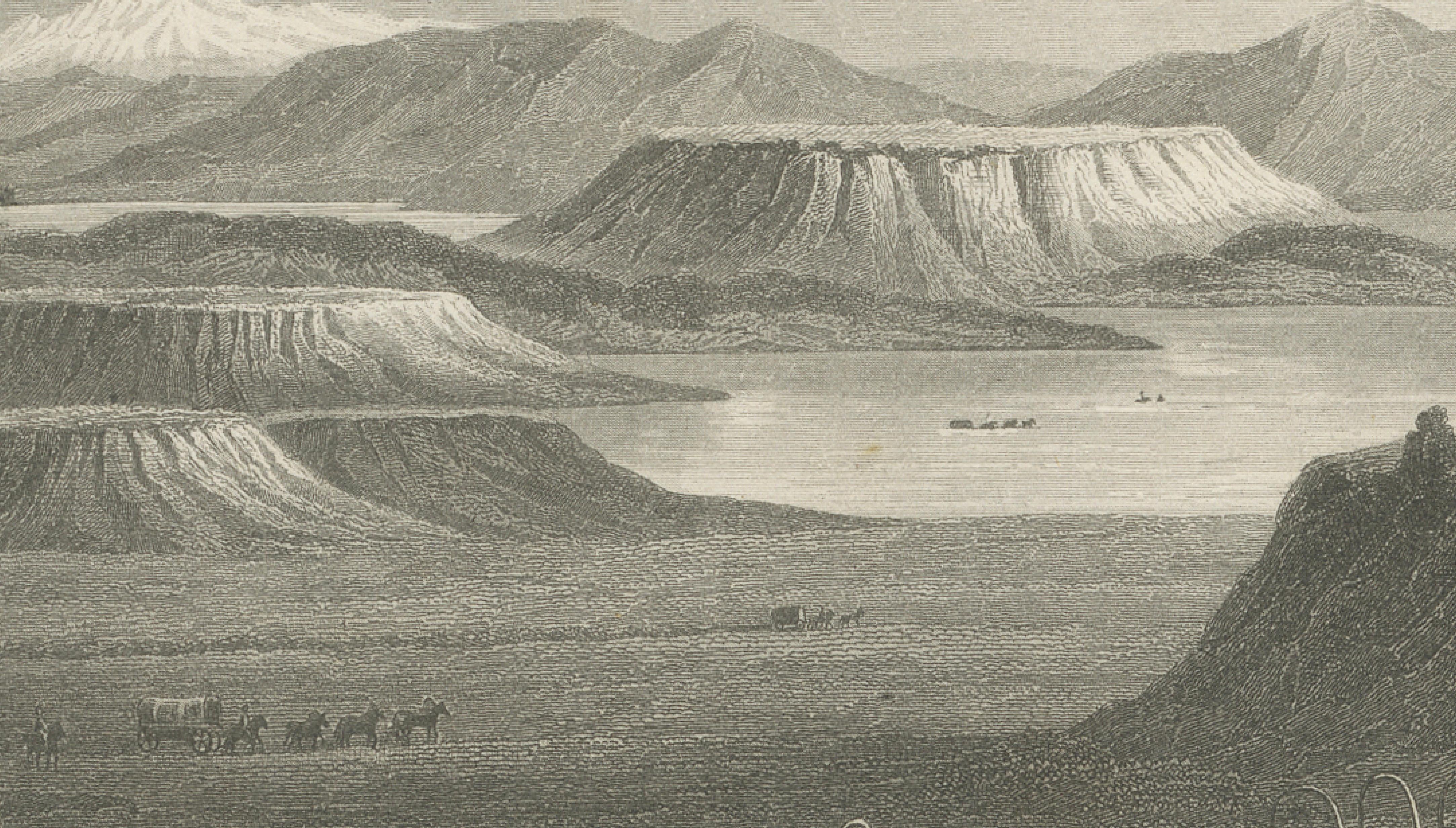 Antique New Mexico Landscape Print, Wagon Train Scene, Meyer 1850s
