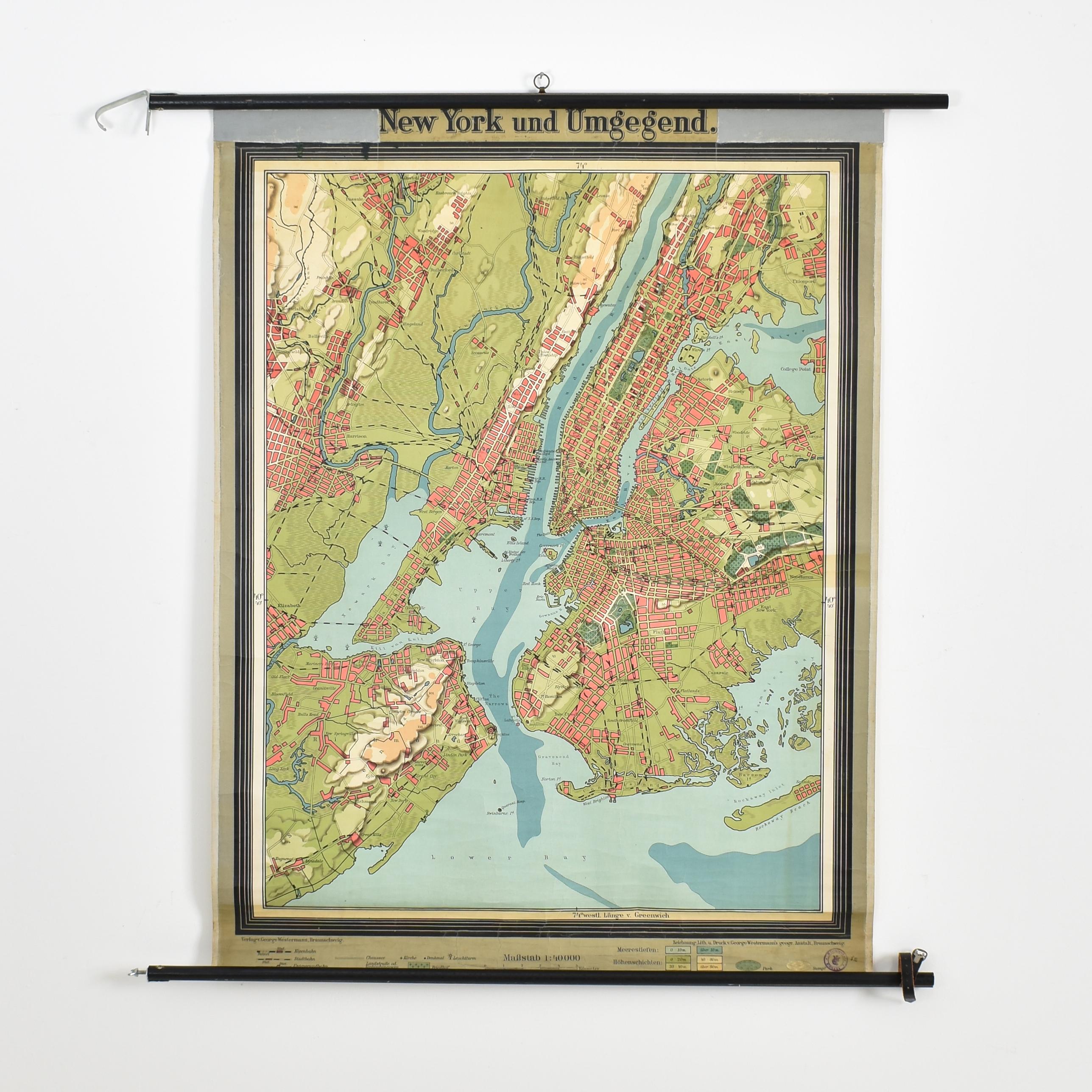 Schoolhouse Antique New York Wall Map by Westermann For Sale
