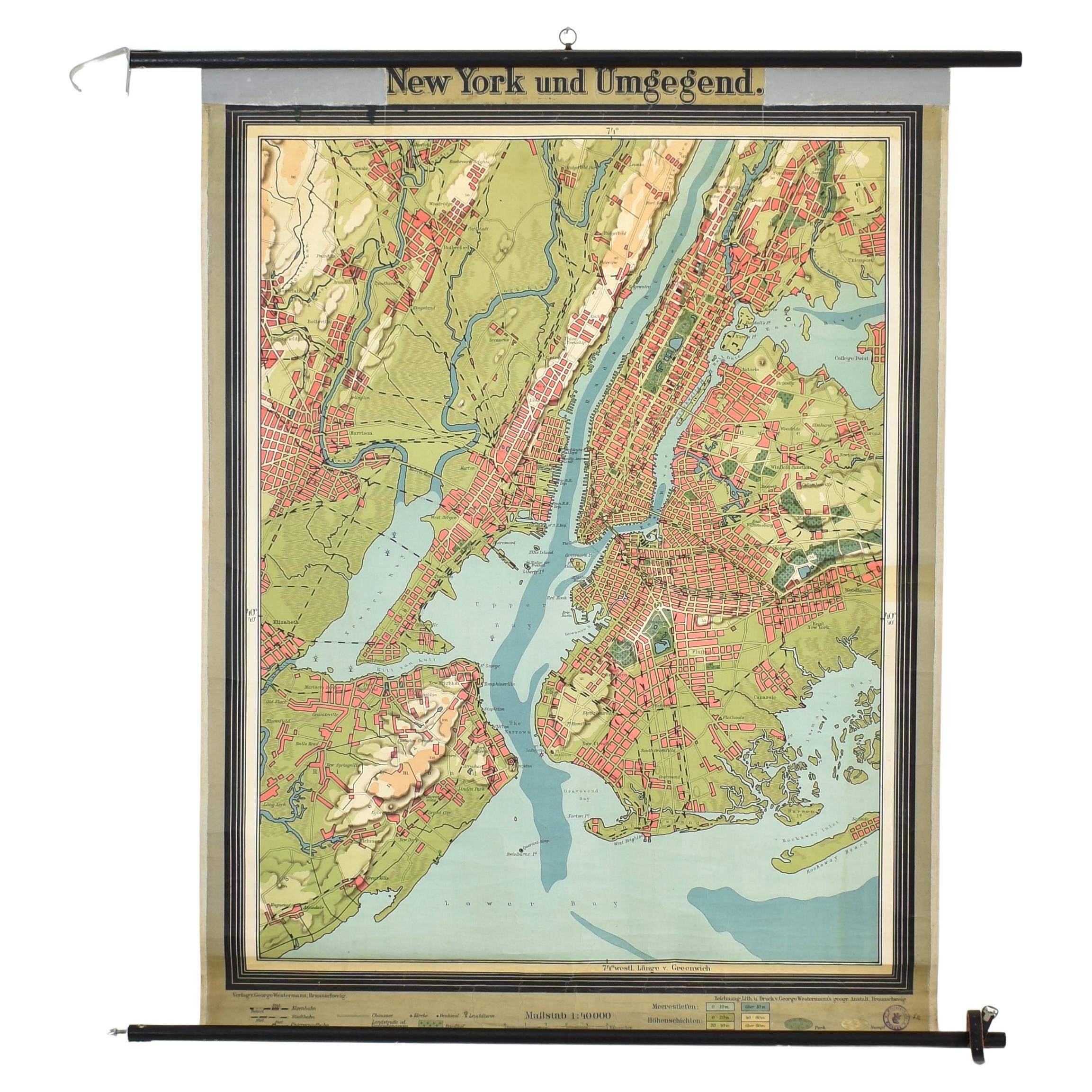 Antique New York Wall Map by Westermann For Sale