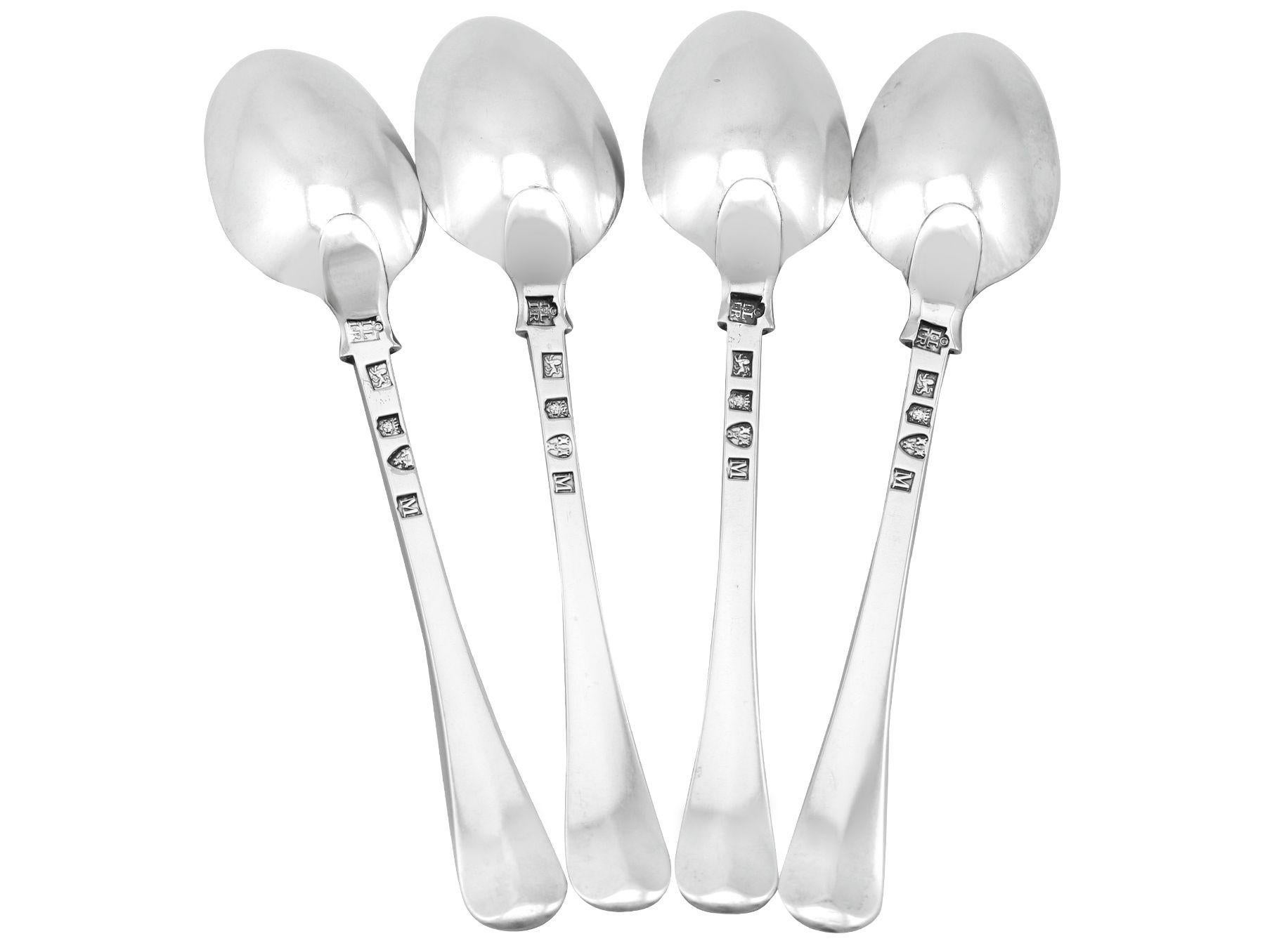 An exceptional, fine and impressive set of four antique Georgian Newcastle sterling silver Old English pattern table/serving spoons; an addition to our silver flatware collection

These exceptional antique Georgian Newcastle sterling silver spoons