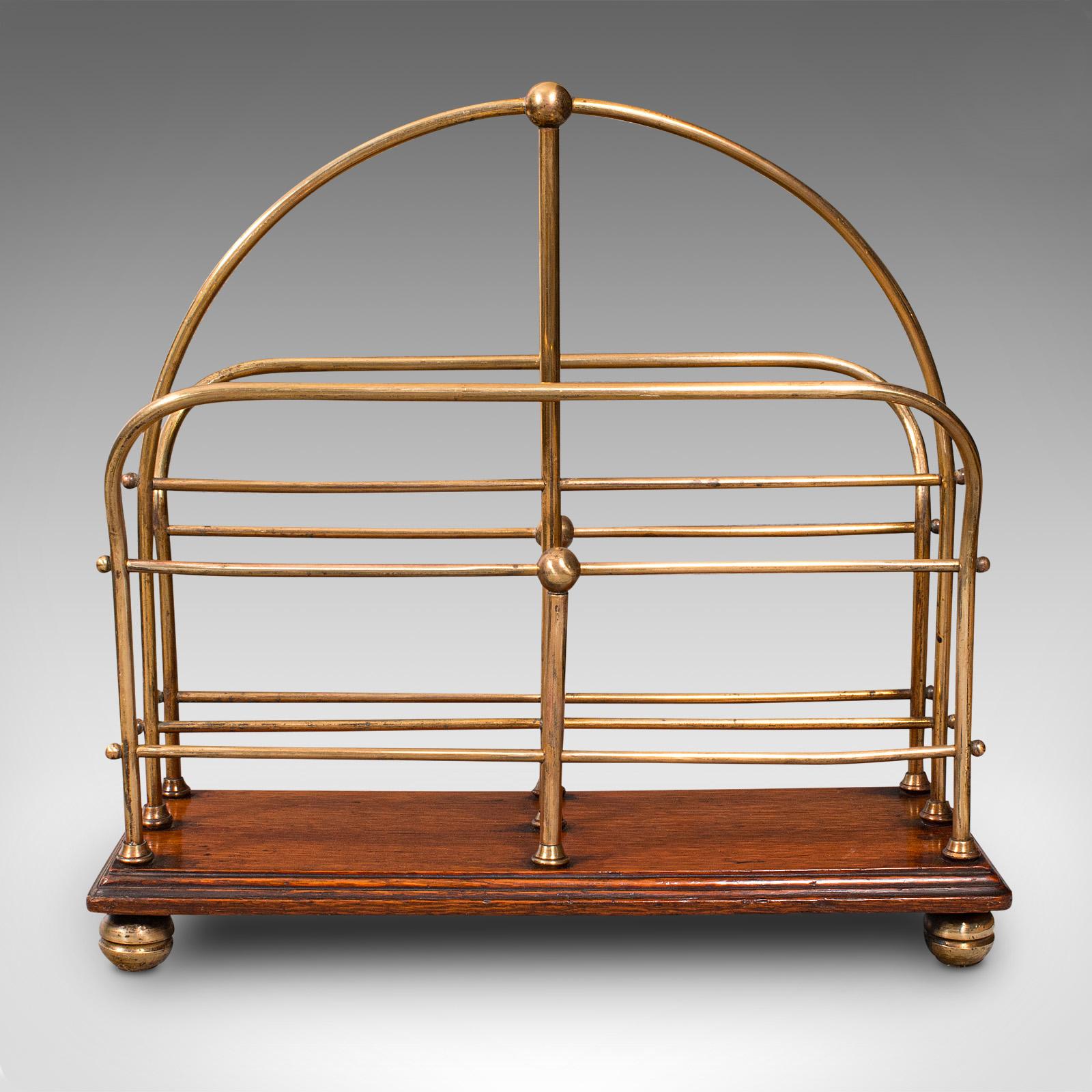 19th Century Antique Newspaper Rack, English, Oak, Brass, Magazine, Letter Stand, Victorian For Sale