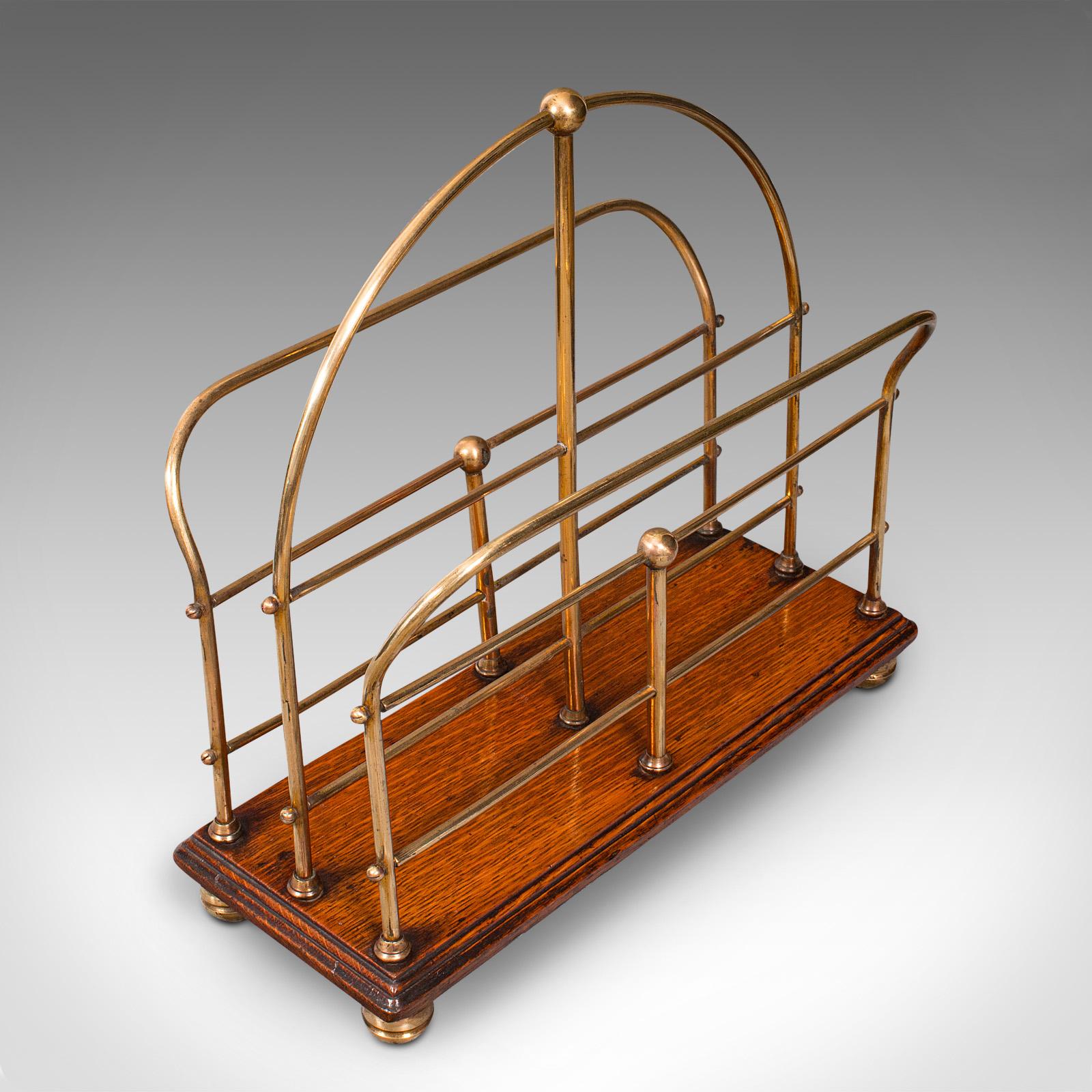 Antique Newspaper Rack, English, Oak, Brass, Magazine, Letter Stand, Victorian For Sale 1
