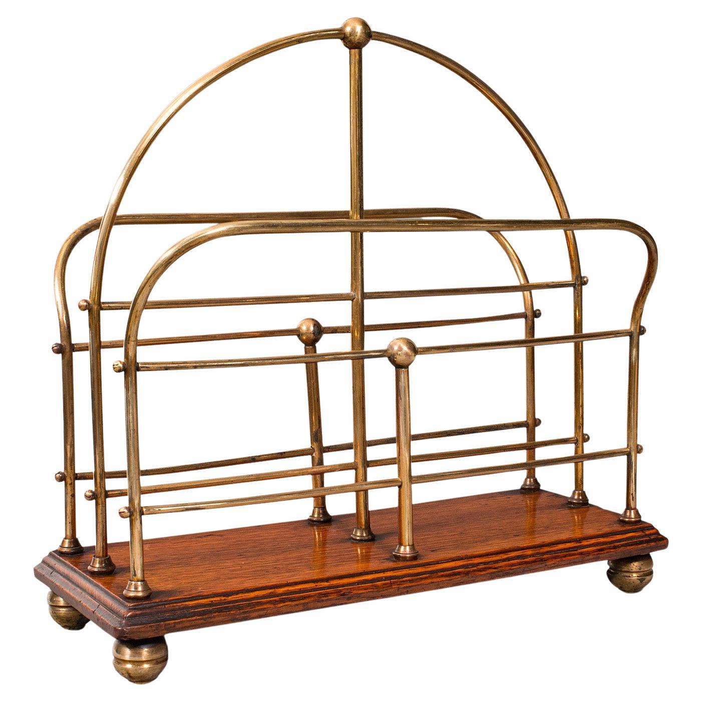 Antique Newspaper Rack, English, Oak, Brass, Magazine, Letter Stand, Victorian For Sale