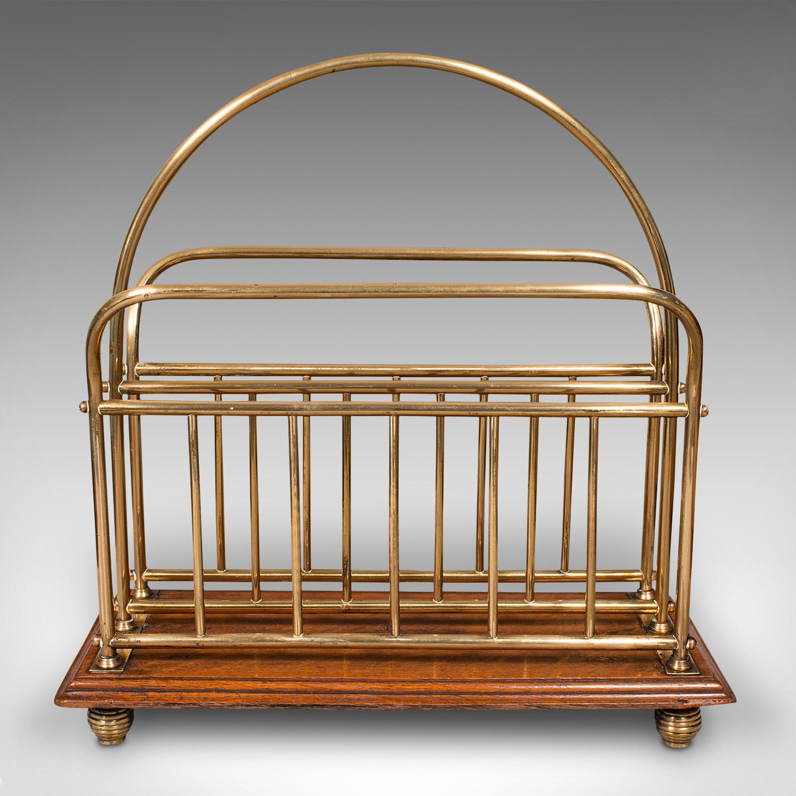 British Antique Newspaper Stand, English, Oak, Brass, Magazine, Letter Rack, Victorian