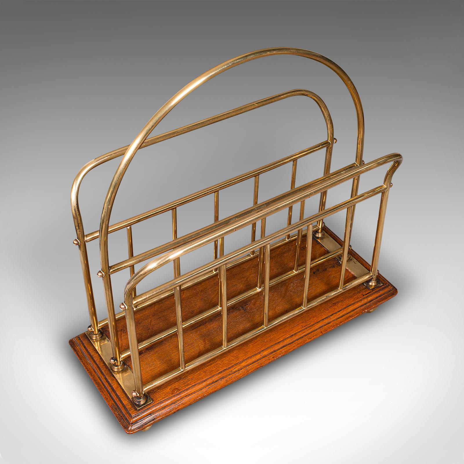 Antique Newspaper Stand, English, Oak, Brass, Magazine, Letter Rack, Victorian 1
