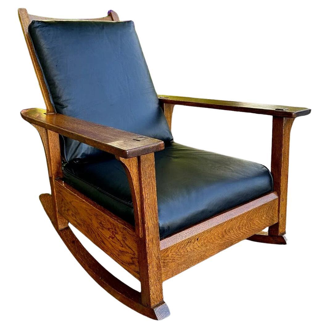 Antique Nice L&JG Stickley Morris Rocking Chair recliner from the Early 1900s