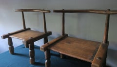 Antique Nicely Patinated Ivory Coast Hand Carved Wood Low Chairs