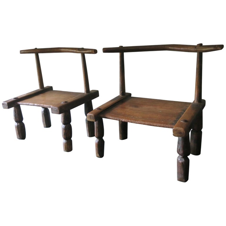 Antique Nicely Patinated Ivory Coast HandCarved Wood Low Chairs For