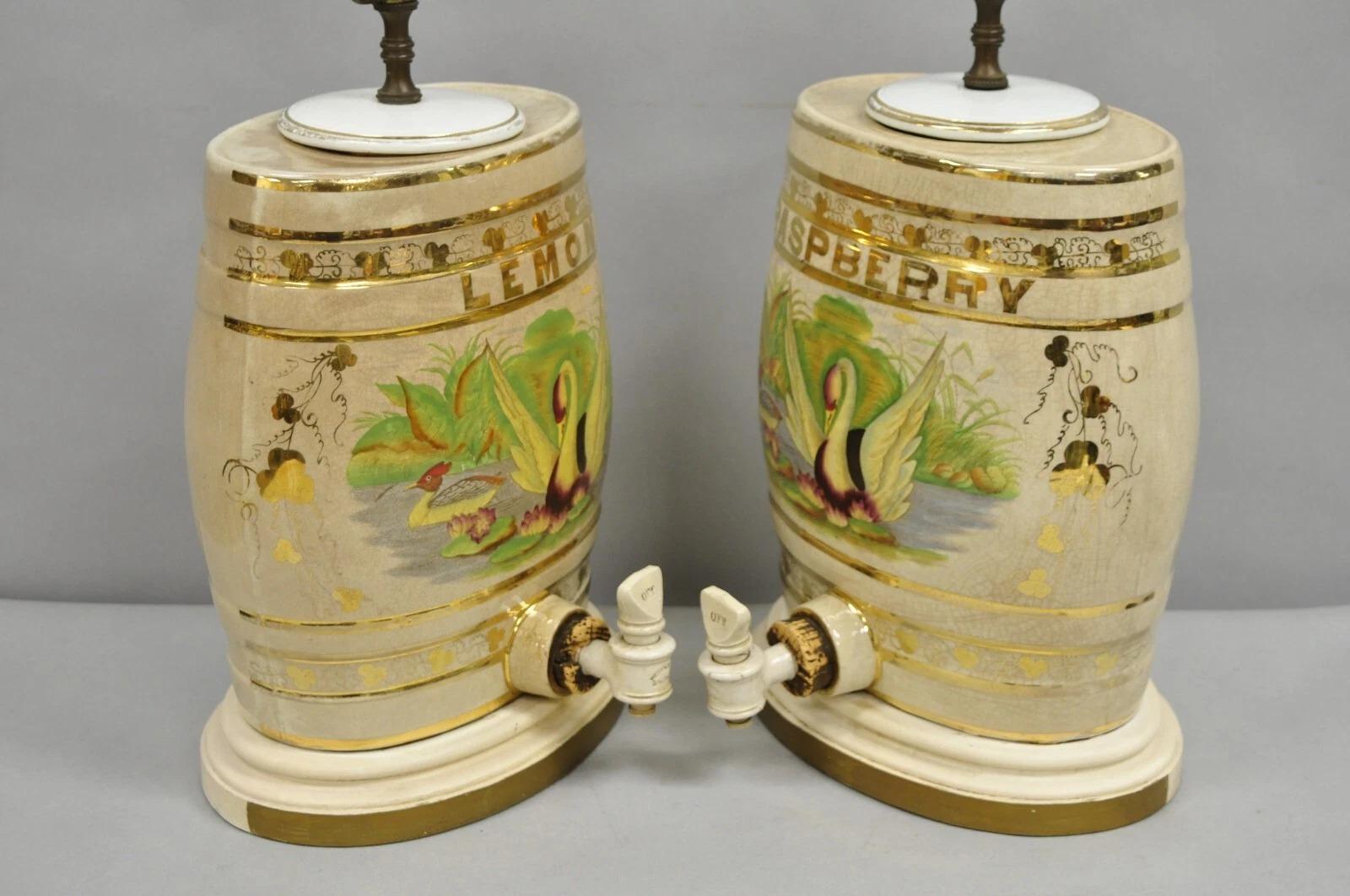 Antique Nichols Salford & Co Raspberry & Lemon Spirit Barrel Table Lamps a Pair 5