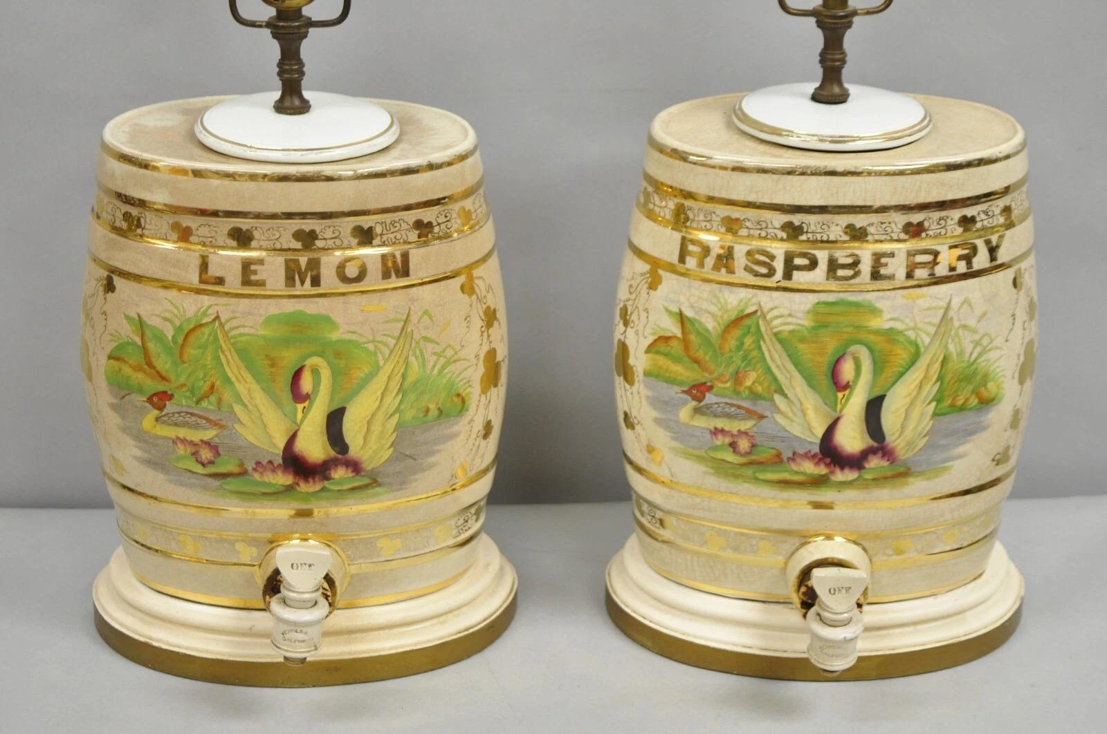 Victorian Antique Nichols Salford & Co Raspberry & Lemon Spirit Barrel Table Lamps a Pair