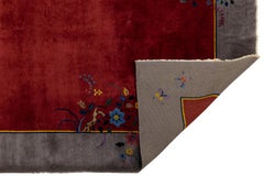 Alfombra china Art Déco antigua de estilo Nichols en rojo rubí y gris pizarra, 9 x 12