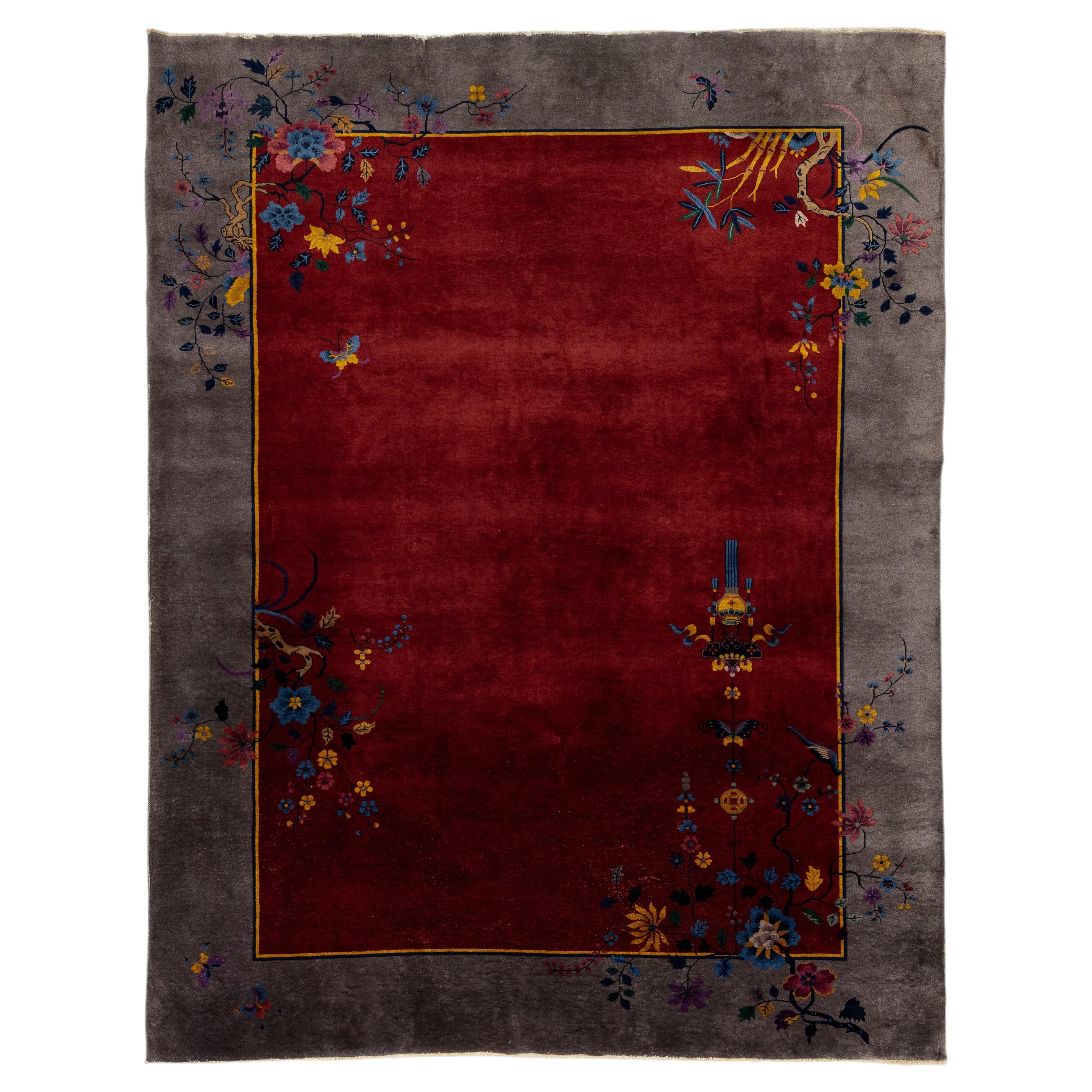 Antique Nichols-Style Chinese Art Deco Rug in Ruby Red and Slate Gray, 9x12 For Sale