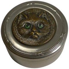 Antique Nickel Box, Brass Cat with Glass Eyes, circa 1900