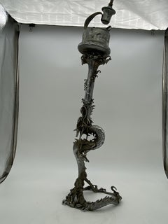 Antique Nickle Plated Chinese Dragon Opium Den Ashtray