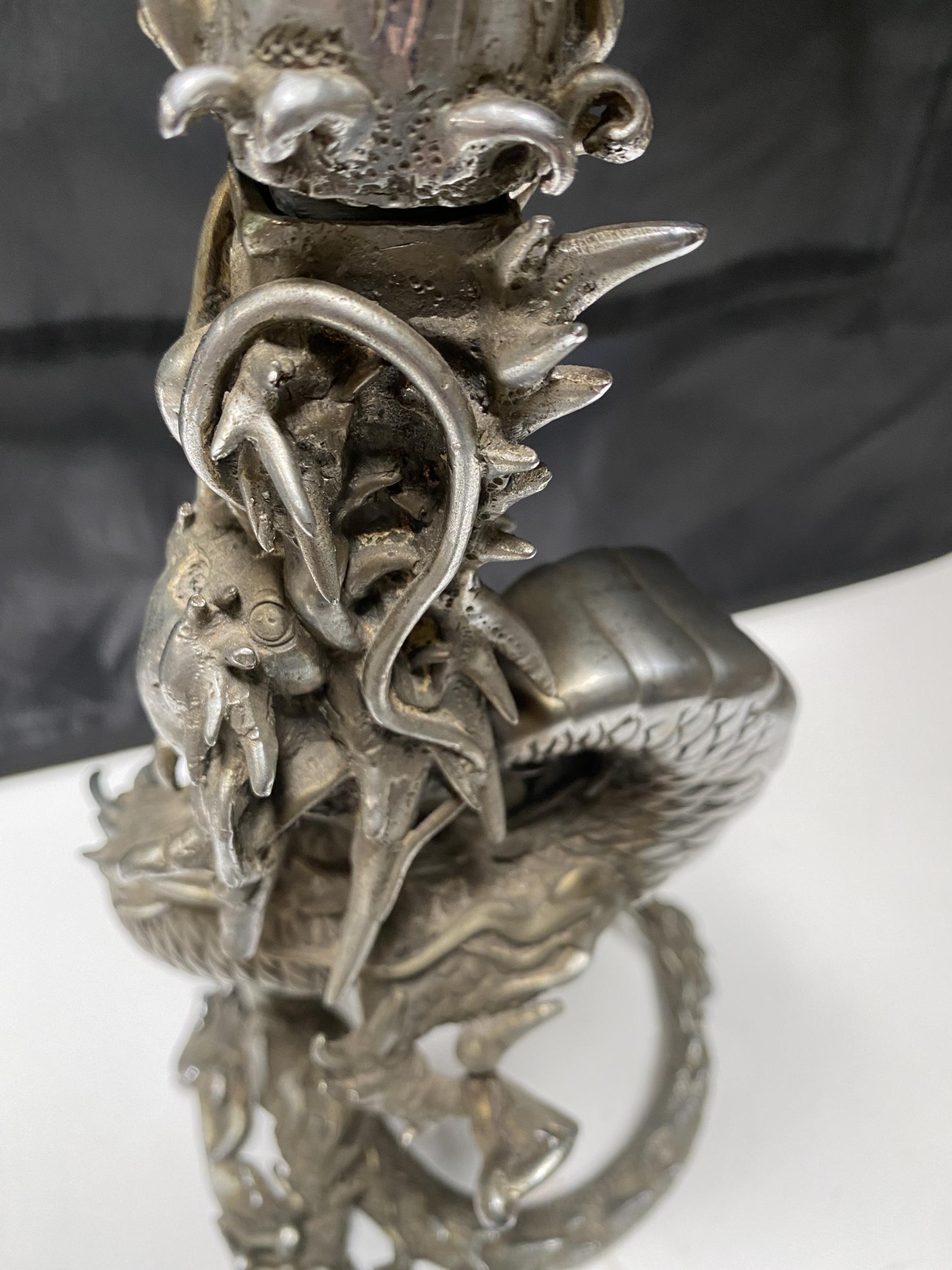 Antique Nickle Plated Chinese Dragon Opium Den Ashtray In Excellent Condition In Van Nuys, CA