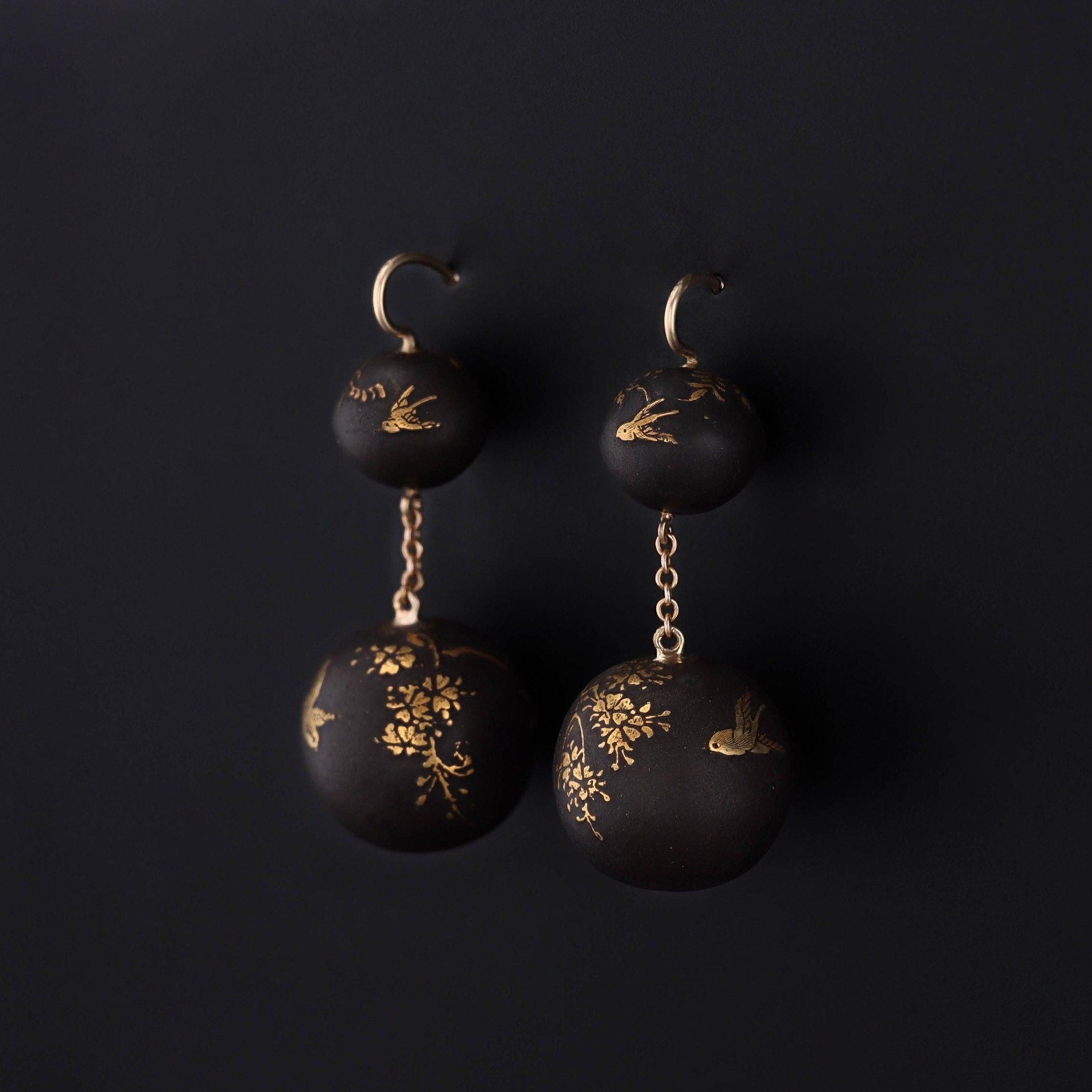 Antique Niello Bead Conversion Earrings of 14k Gold In Good Condition For Sale In Lewisburg, PA