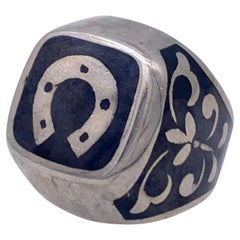 Antico ferro di cavallo d'argento Niello, anello per gentiluomini di buona fortuna