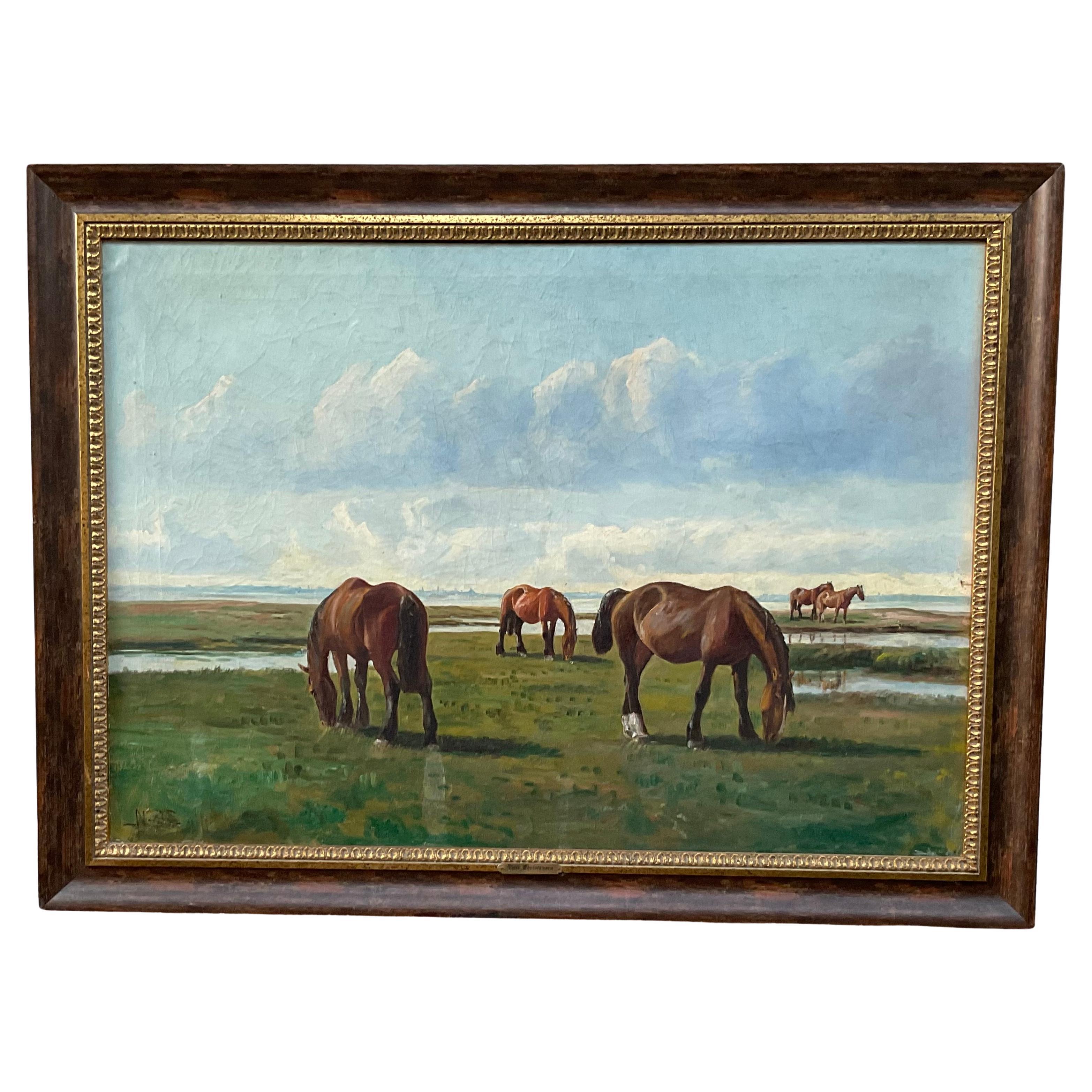 Peinture à l'huile ancienne de Niels Christiansen - Paysage danois avec chevaux au pâturage
