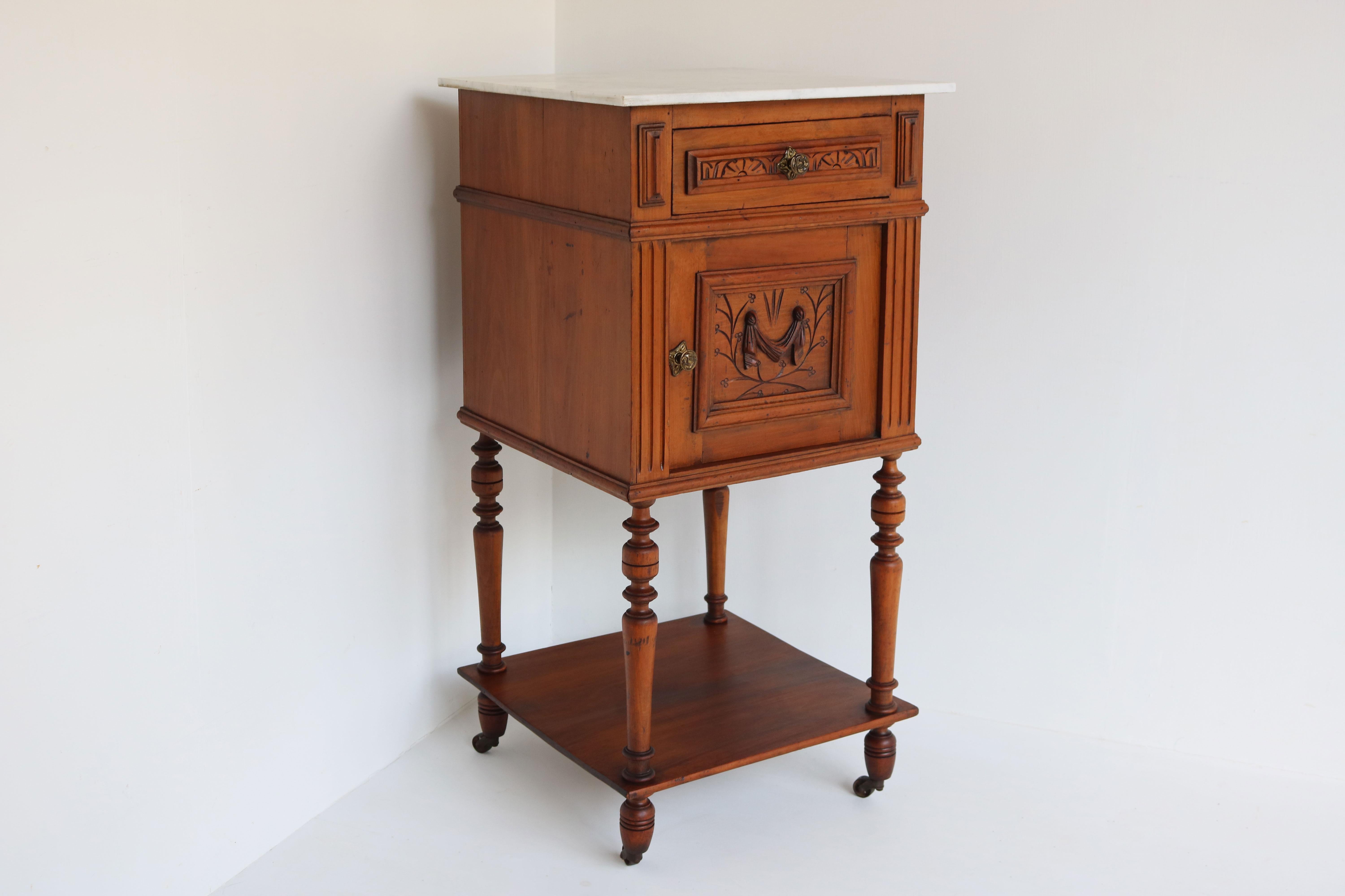 French Antique Night Stand / Bedside Table 19th Century Fruitwood & Carrara Marble Top For Sale