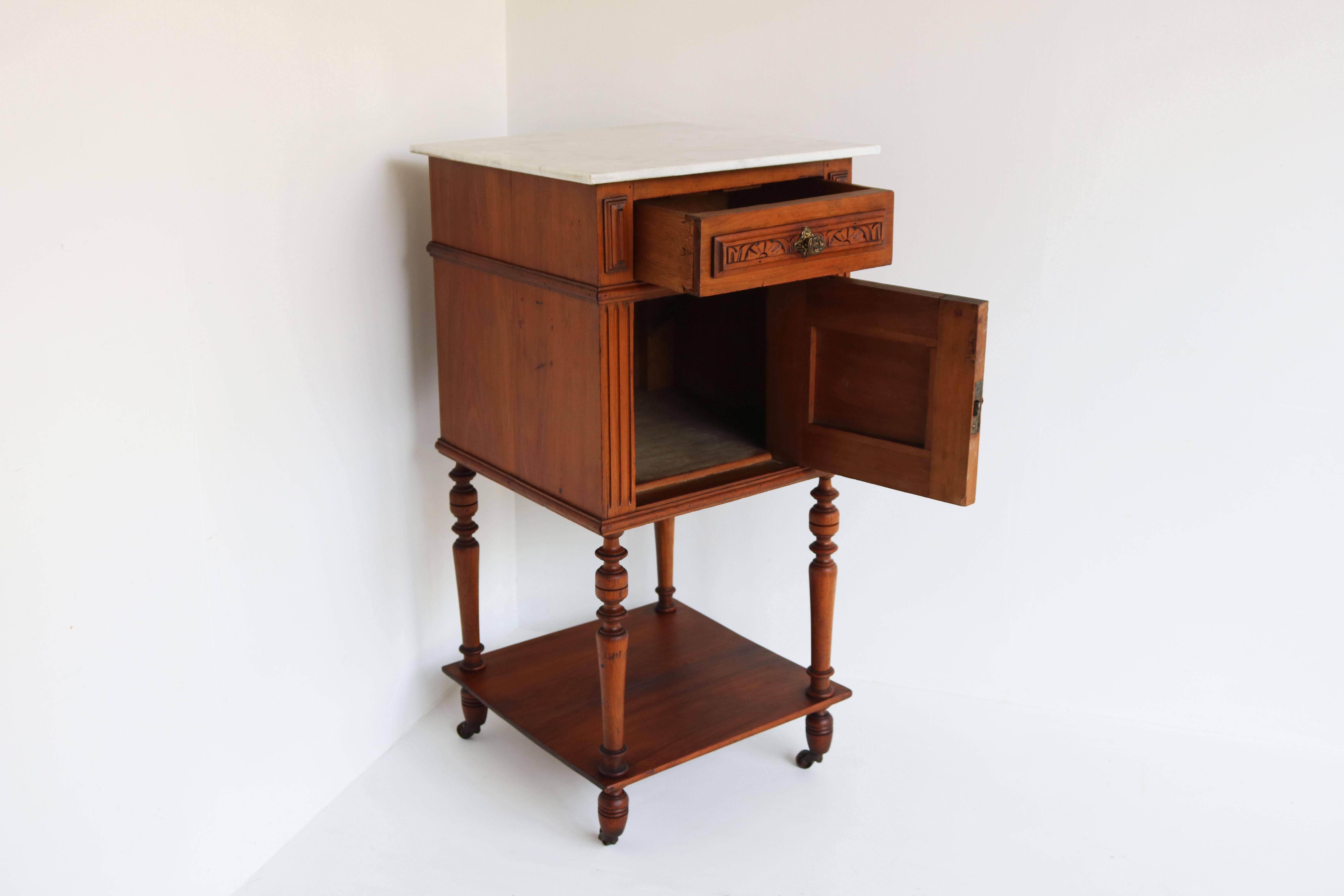 Hand-Carved Antique Night Stand / Bedside Table 19th Century Fruitwood & Carrara Marble Top For Sale