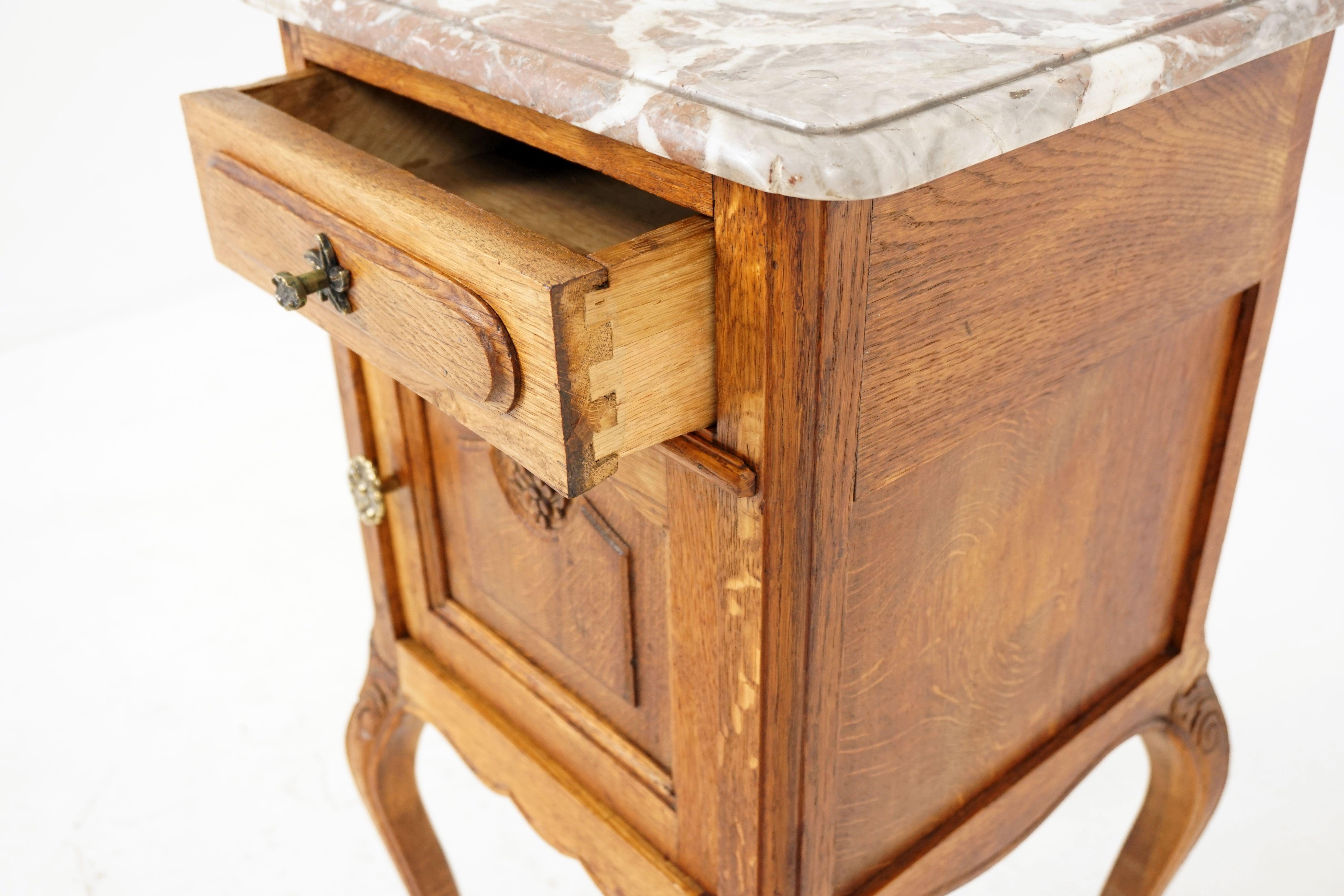 Hand-Crafted Antique Nightstand, French Marble-Top Oak Lamp Table, France 1900, B2040