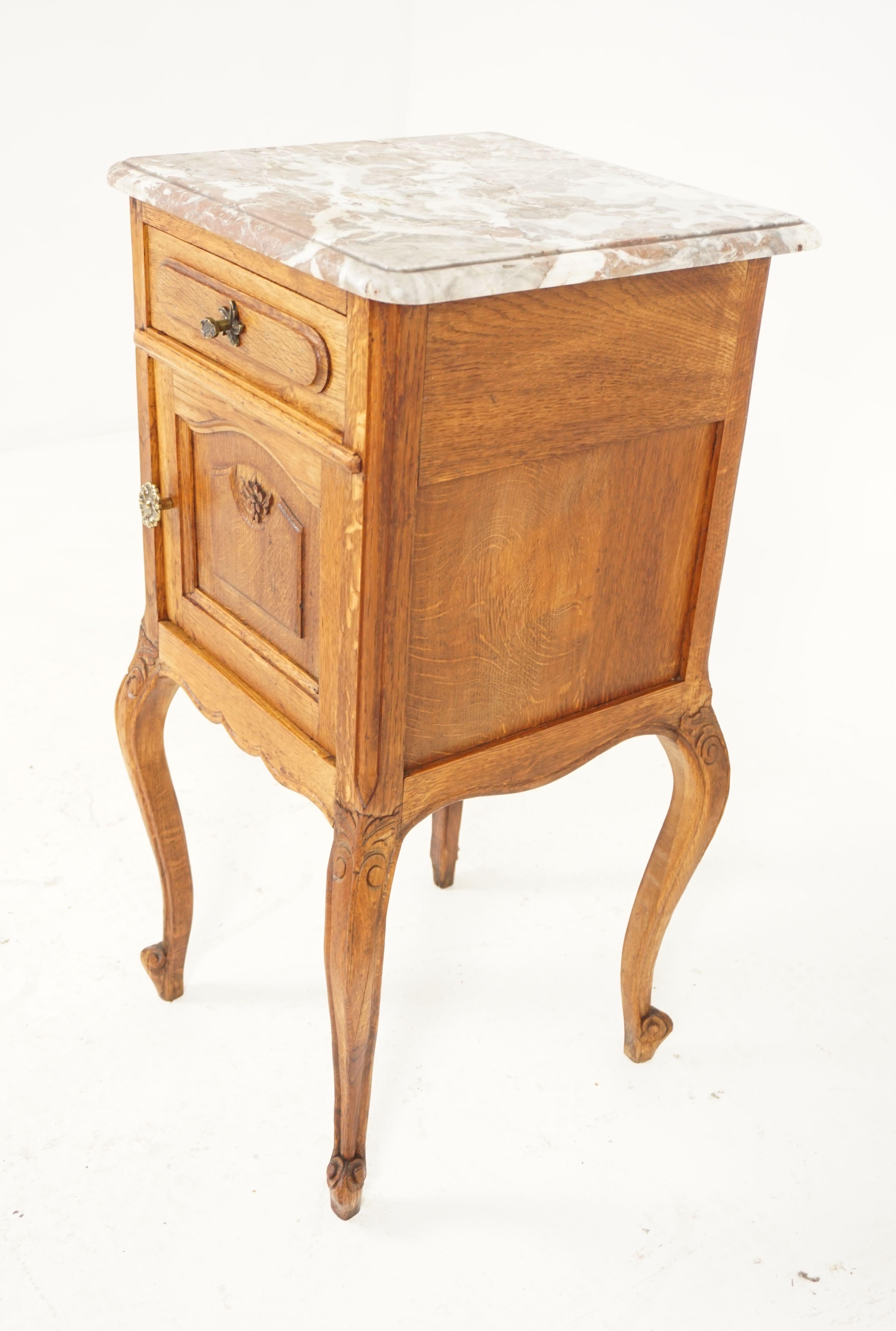 Antique Nightstand, French Marble-Top Oak Lamp Table, France 1900, B2040 1