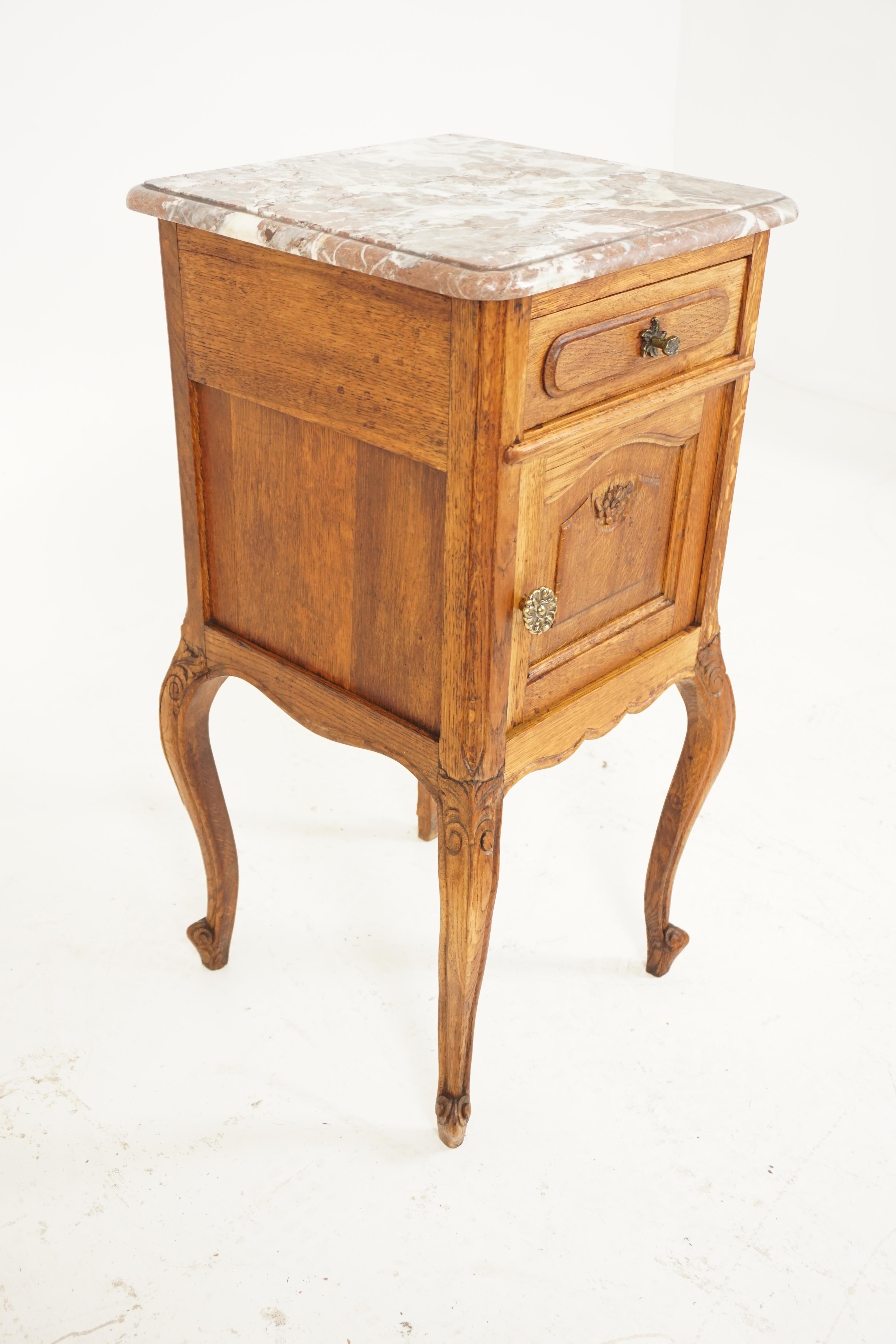 Antique Nightstand, French Marble-Top Oak Lamp Table, France 1900, B2040 2