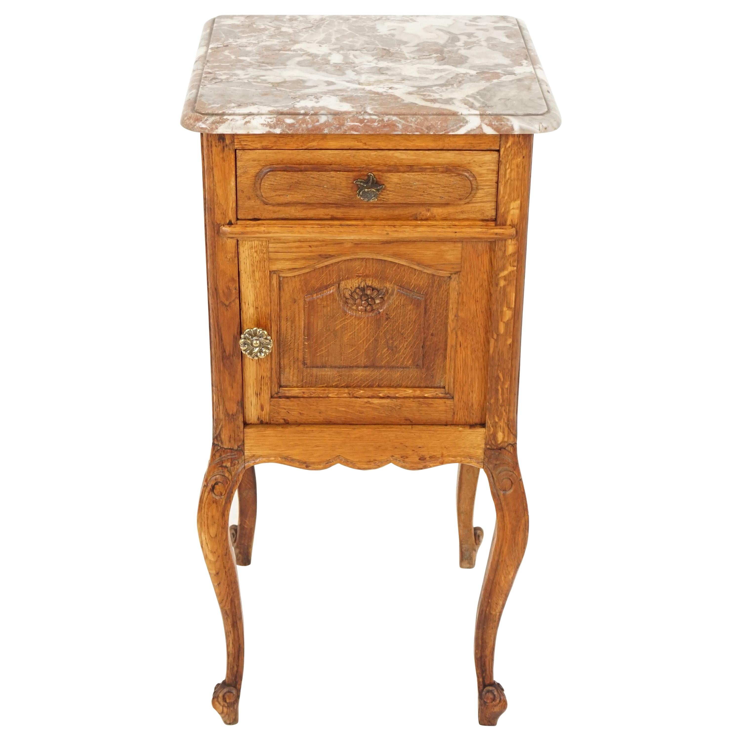 Antique Nightstand, French Marble-Top Oak Lamp Table, France 1900, B2040