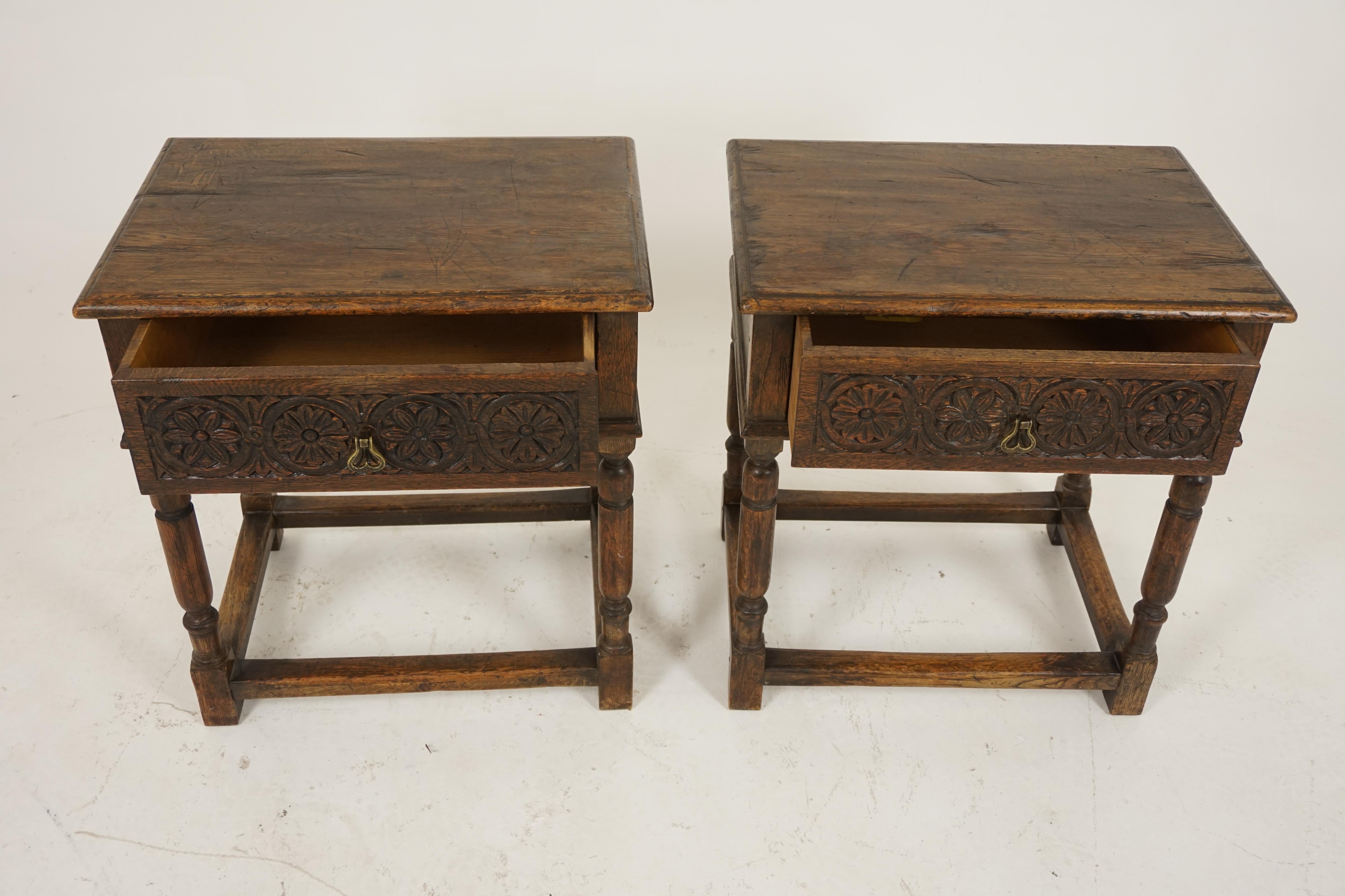 Antique nightstands, pair of tudor style carved oak end tables or lamp tables, Antique Furniture, Scotland, 1930, B2035

Scotland 1930
Solid oak
Original finish
Rectangular top with beveled edge
Single carved drawer with original brass