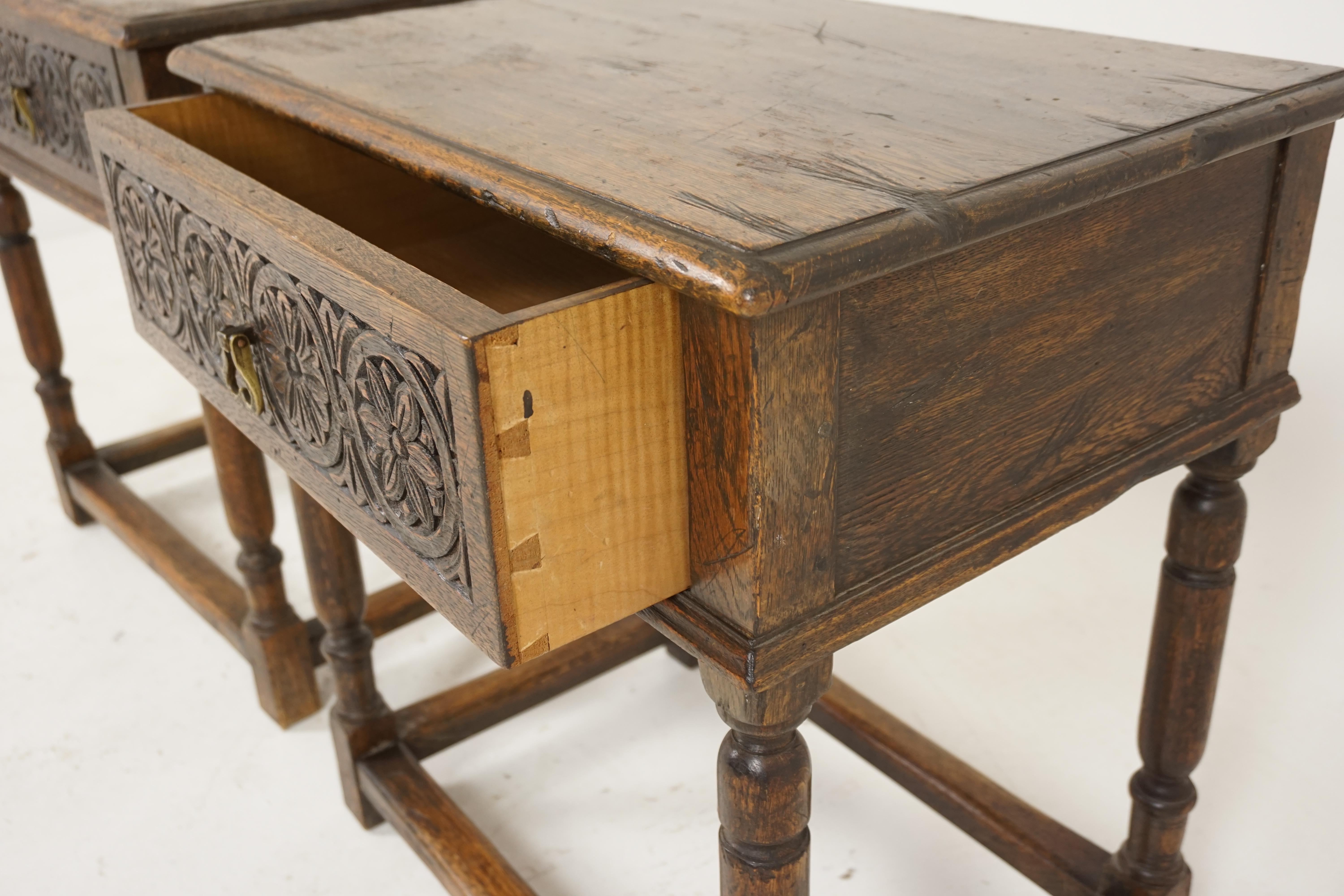 Scottish Antique Nightstands, Pair of Tudor Style Carved Oak, Scotland, 1930