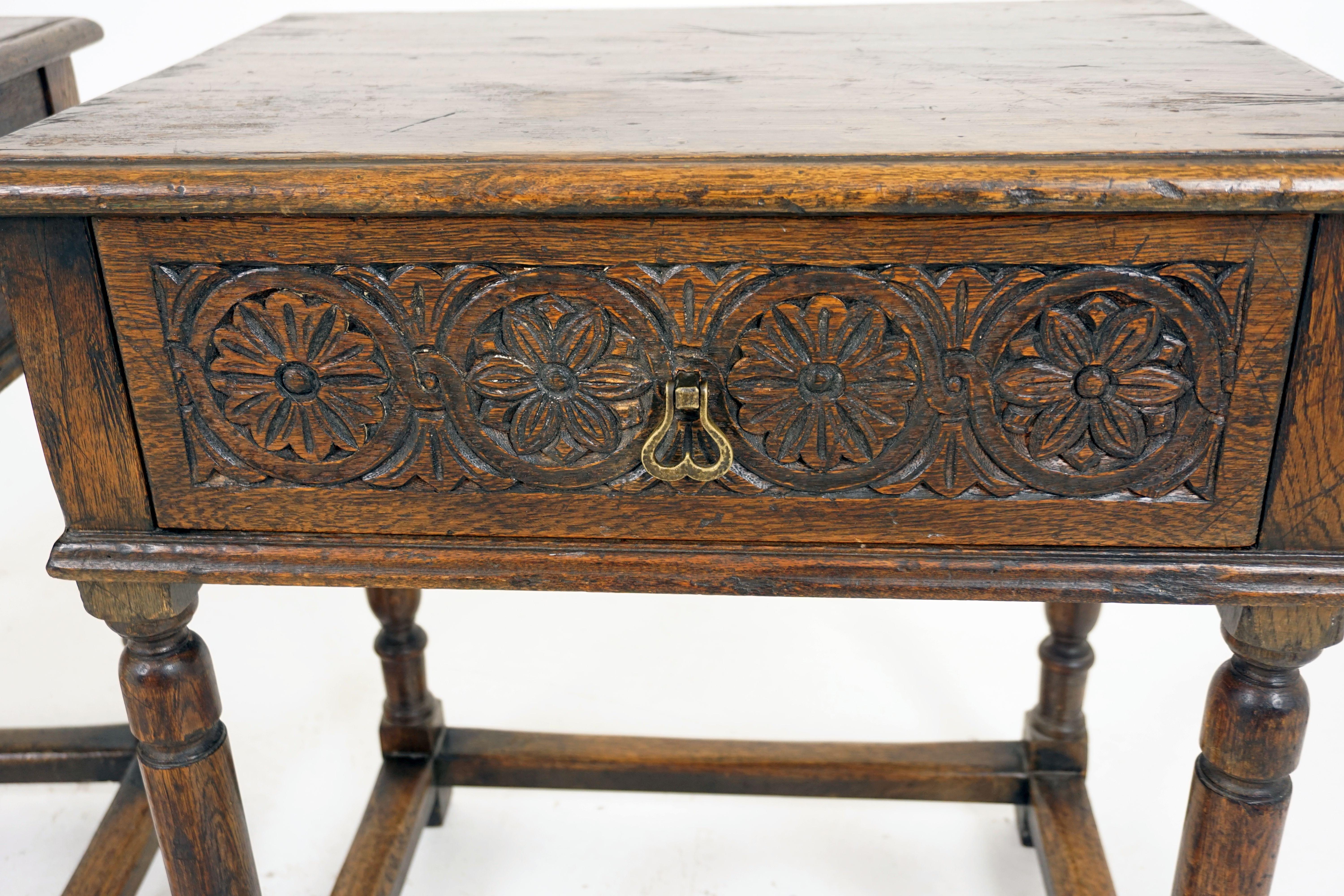 Hand-Crafted Antique Nightstands, Pair of Tudor Style Carved Oak, Scotland, 1930