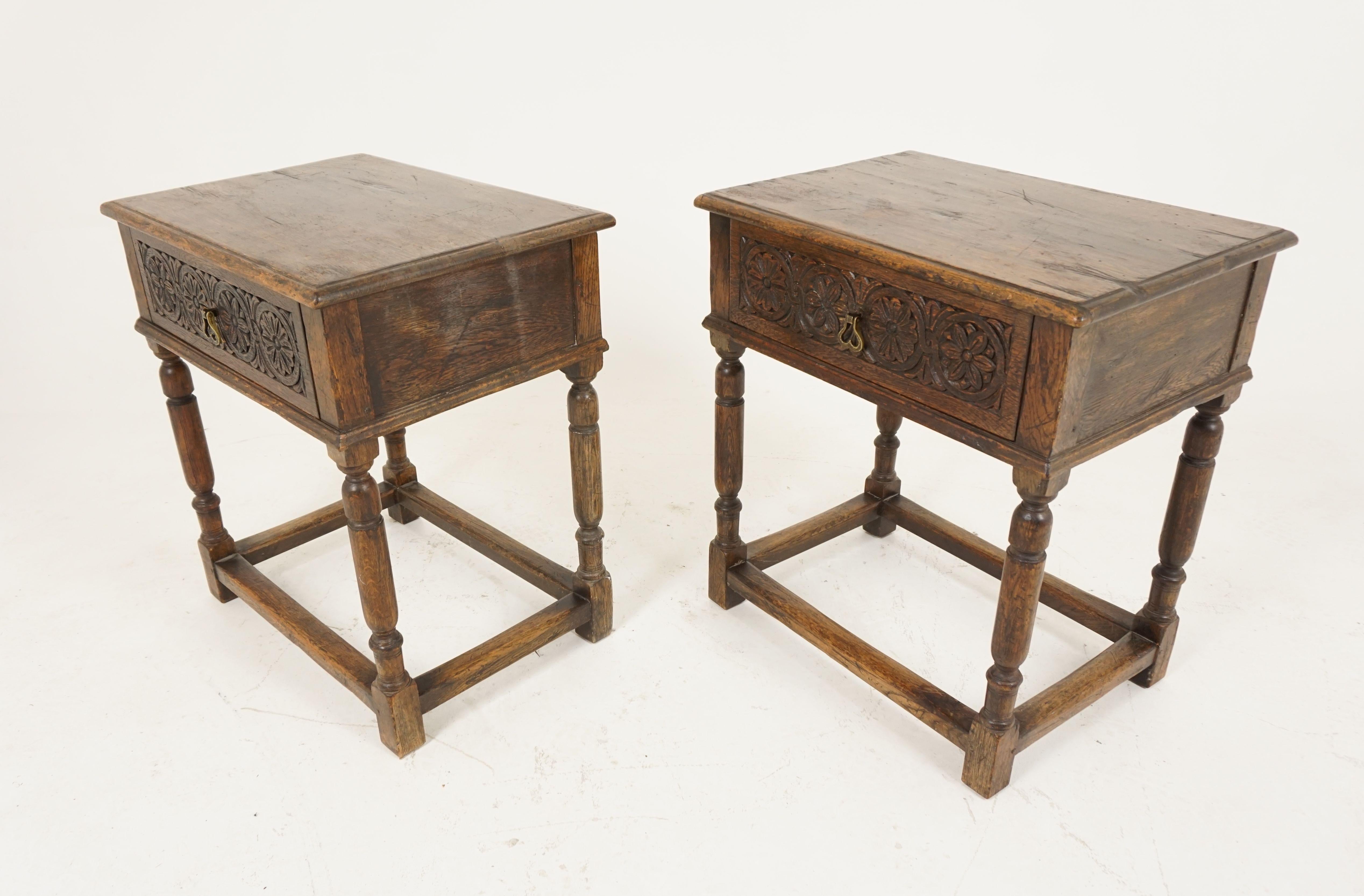 Antique Nightstands, Pair of Tudor Style Carved Oak, Scotland, 1930 1